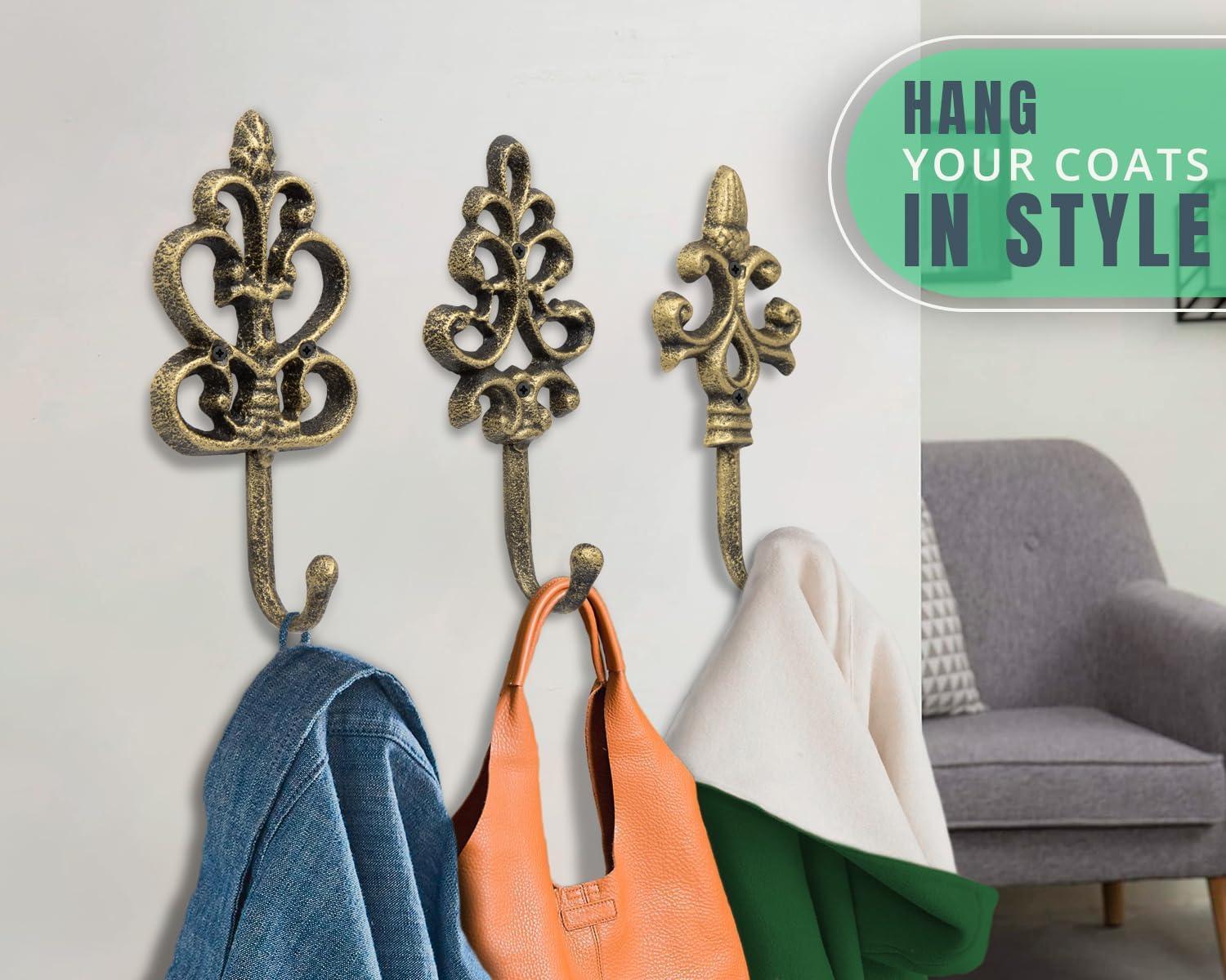 Set of 3 Gold and Black Cast Iron Decorative Wall Hooks