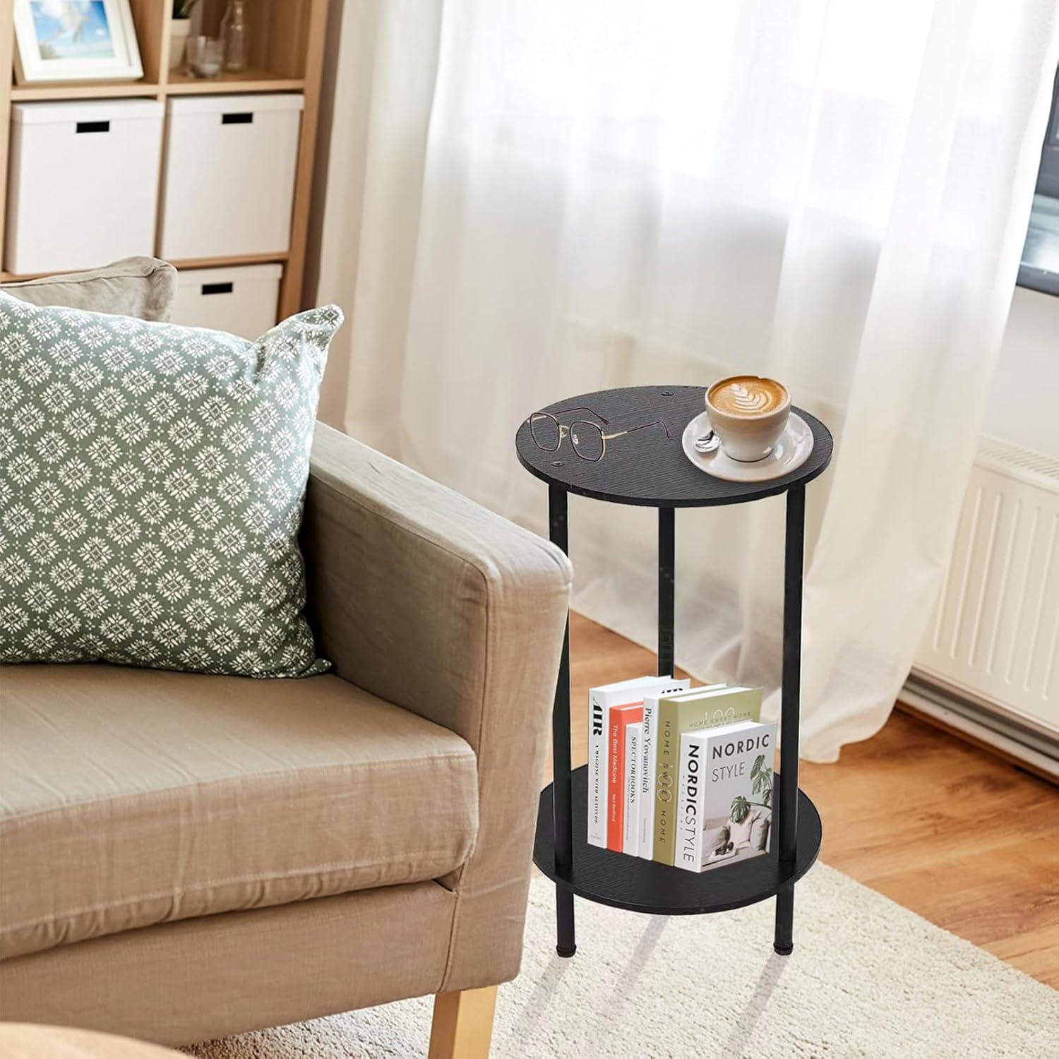 Small Round Side Table, End Tables Living Room Set of 2, Black Night Stands for Bedrooms, Small Side Table for Small Spaces，2 Tiers Modern Side Table with Storage Shelf, Easy to Assemble