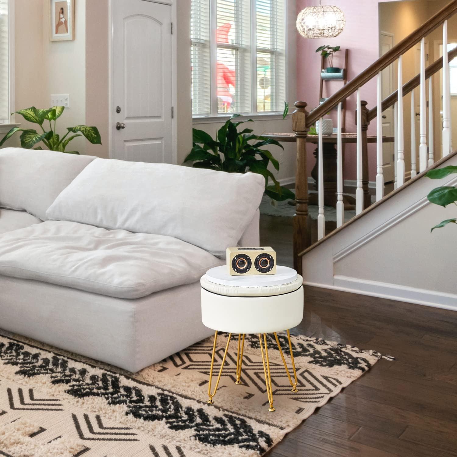 White Faux Leather Round Storage Ottoman with Gold Metal Legs