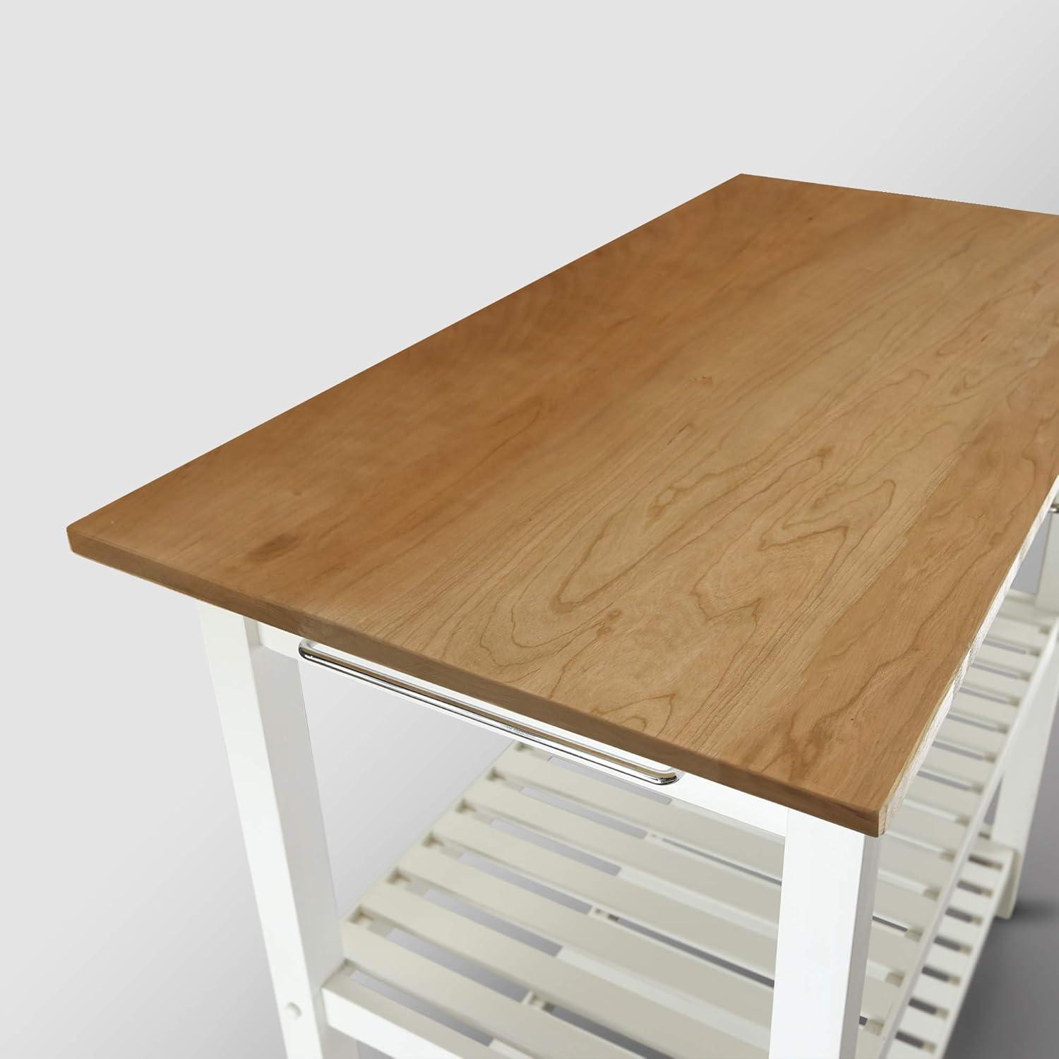 White and Natural Cherry Wood Kitchen Island with Shelves