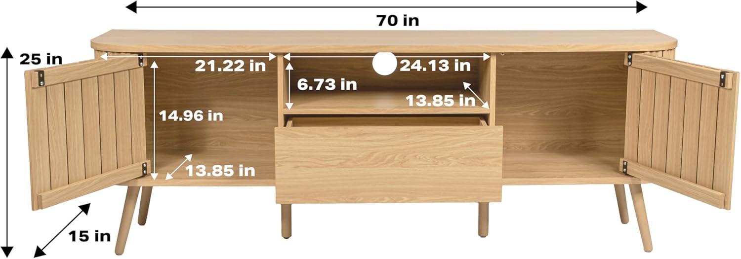 JONATHAN Y TVS1001A Damien 70 in. Farmhouse Curved TV Stand with Drawer and Storage Doors Fits TVs up to 75 in. with Cable Management