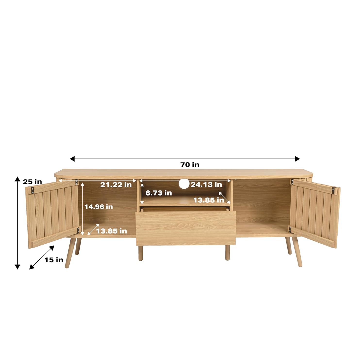 JONATHAN Y Damien 70 in. Farmhouse Curved TV Stand with Drawer and Storage Doors Fits TVs up to 75 in. with Cable Management, Oak