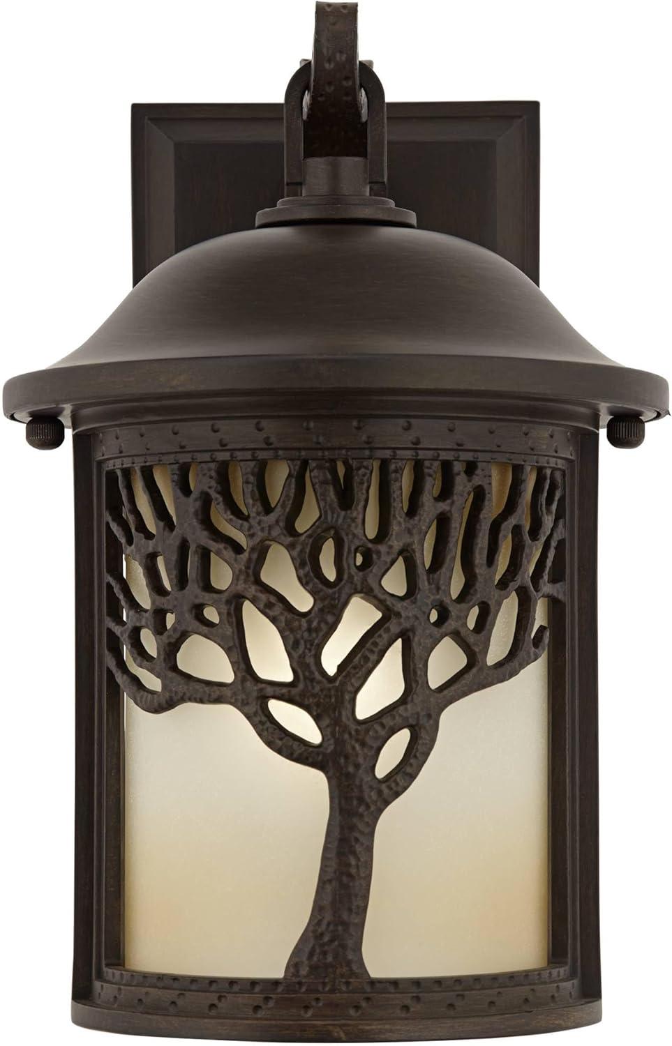 John Timberland Mission Outdoor Wall Light Fixture Bronze Tree Motif 12 1/4" Amber Glass Lantern for Exterior House Porch Patio