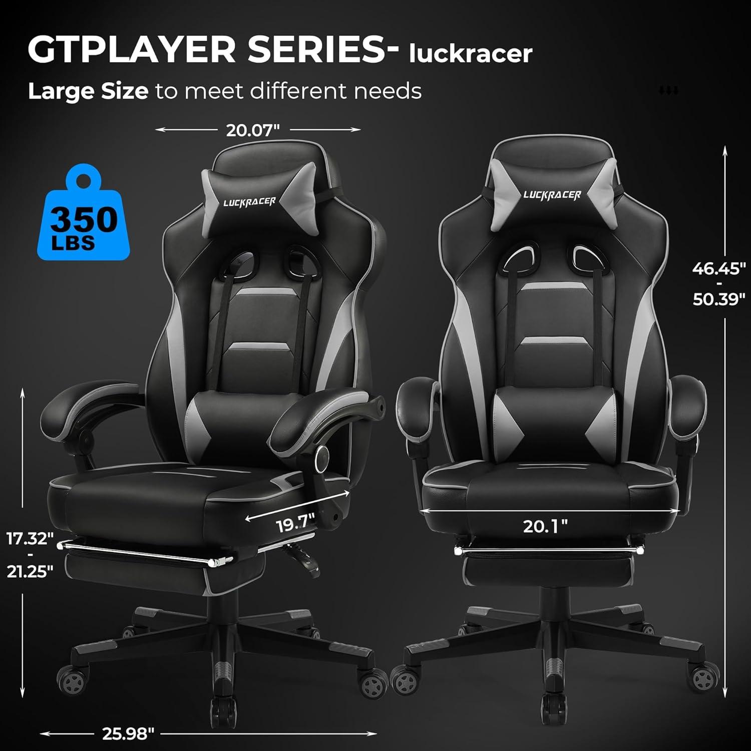GTPLAYER Gaming Chair with Footrest, Big and Tall Game Chair 350lb Racing Style Computer Chair, Ergonomic Executive Office Chair High Back with Lumbar Support and Recliner, Gray