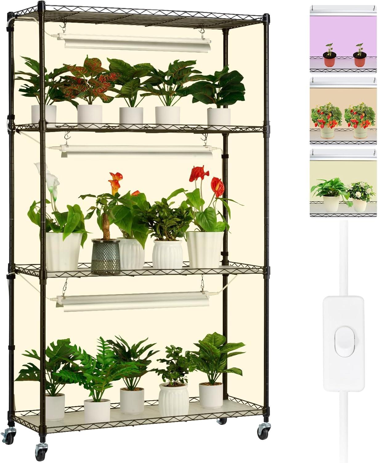 Black Metal 4-Tier Plant Stand with Adjustable Grow Lights