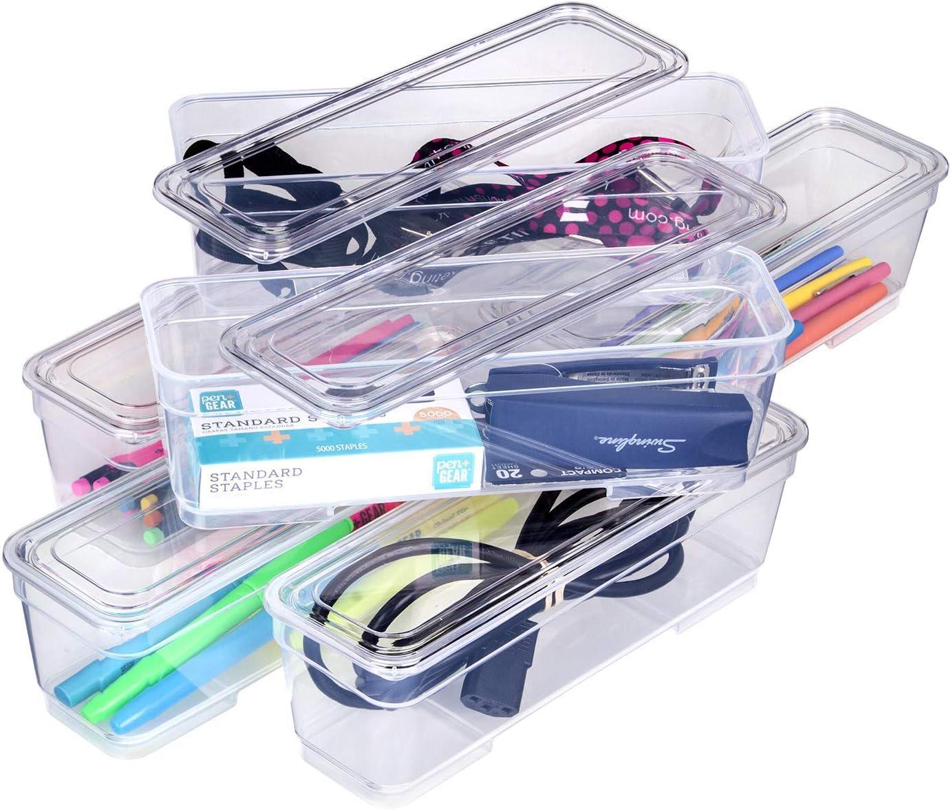 AB Designs Bin Pack, [6] Long Home Organizer Storage Boxes with Lids, Translucent Clear