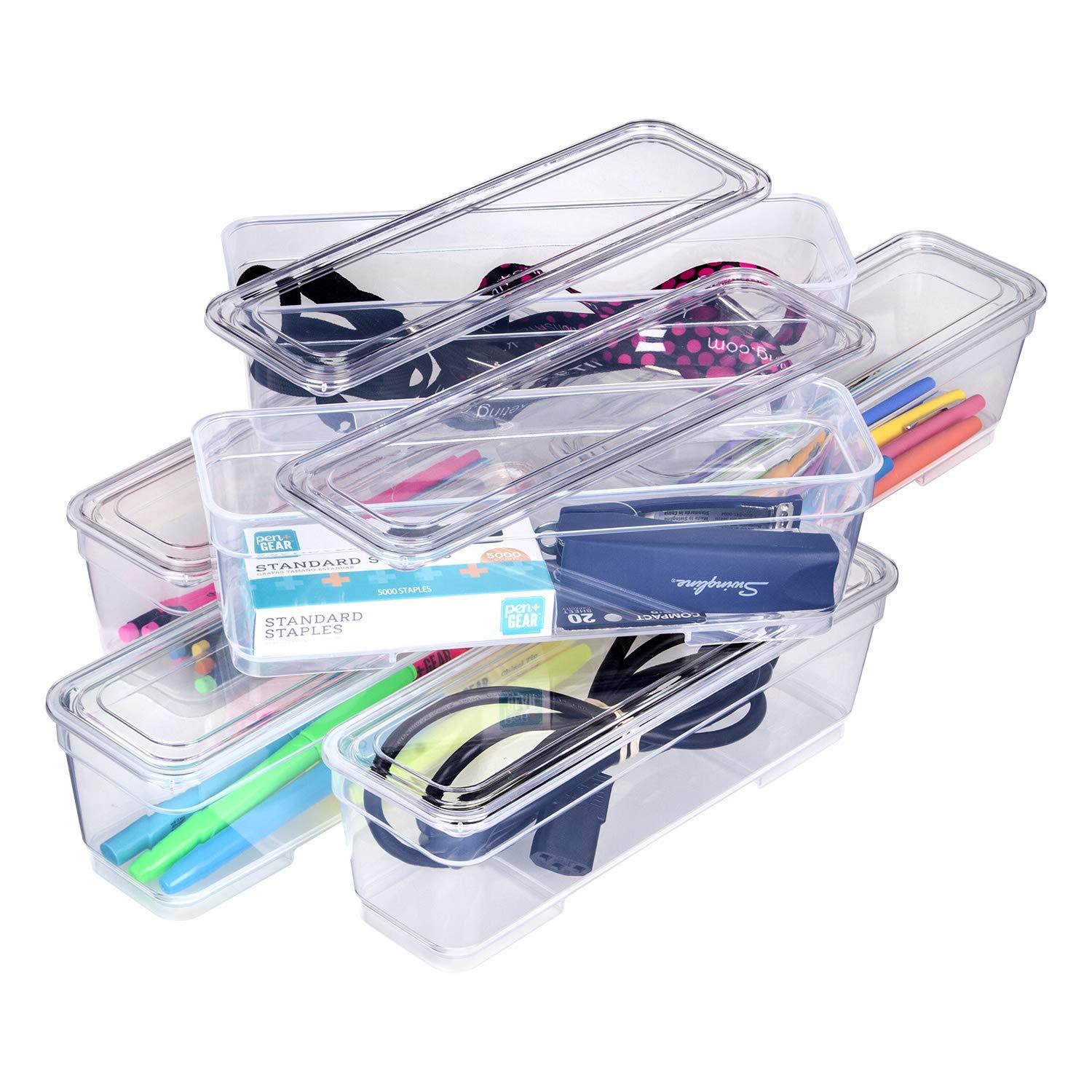 AB Designs Bin Pack, [6] Long Home Organizer Storage Boxes with Lids, Translucent Clear