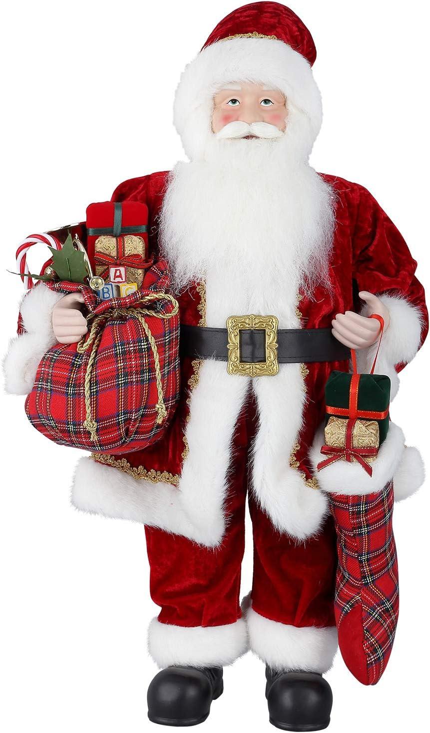 24" Red Velvet Santa Claus Figurine with Gifts and Stocking