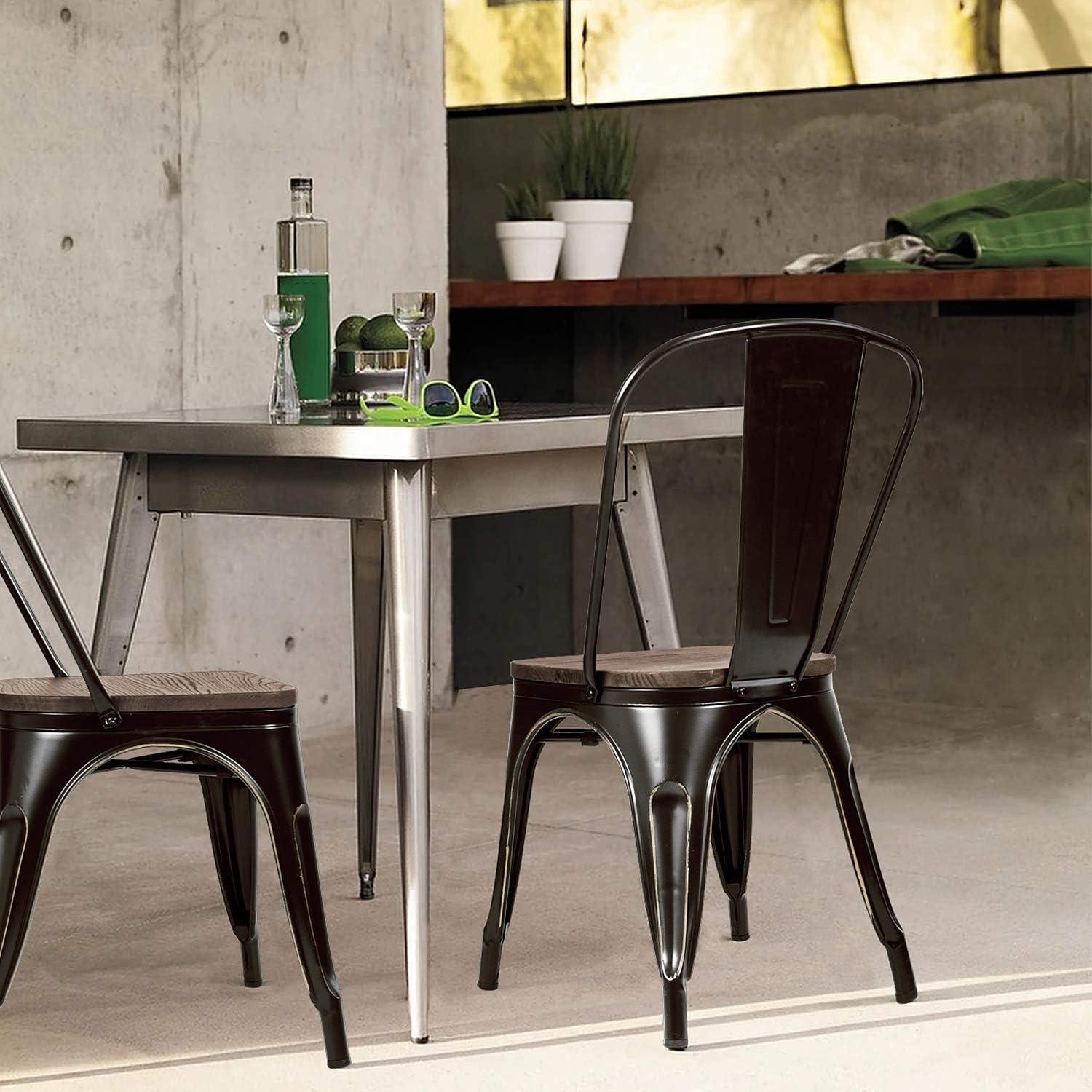 Furmax Metal Dining Chair Indoor Outdoor Use Stackable Chic Side Classic Trattoria Metal Chairs Set of 4 for Kitchen, Dining Room, Bistro and Cafe (Distressed White)