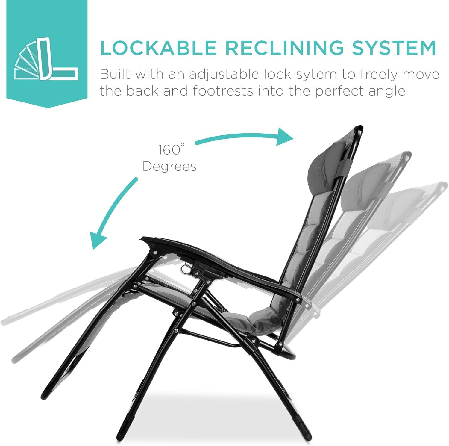 Best Choice Products Oversized Padded Zero Gravity Chair, Folding Outdoor Patio Recliner w/ Side Tray - Gray/Light Gray