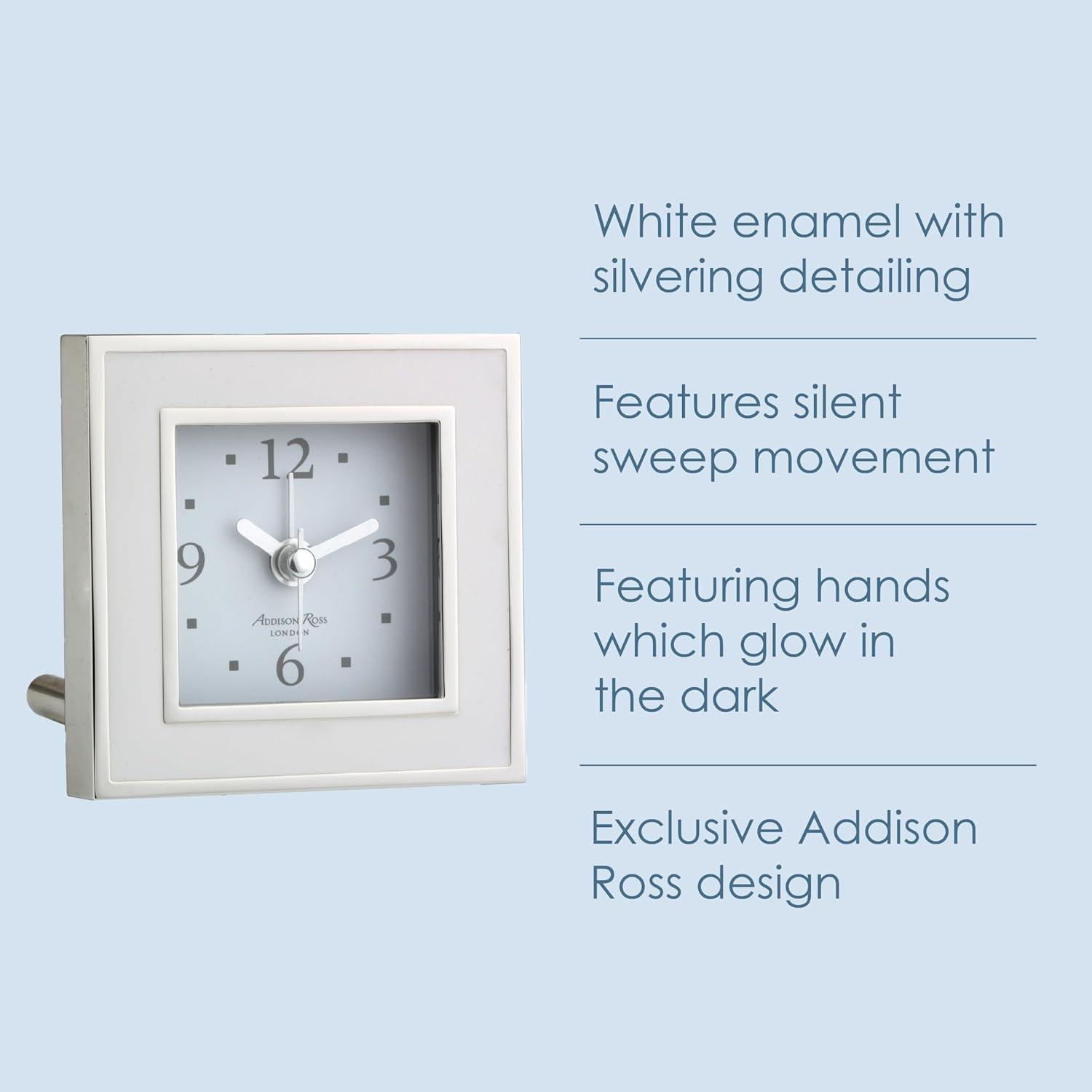 Addison Ross Battery Alarm Clock – Silent Sweep – Compact & Stylish – Alarm Clock Bedside – Velvet-Backed Design/Home & Office Decor – White Enamel