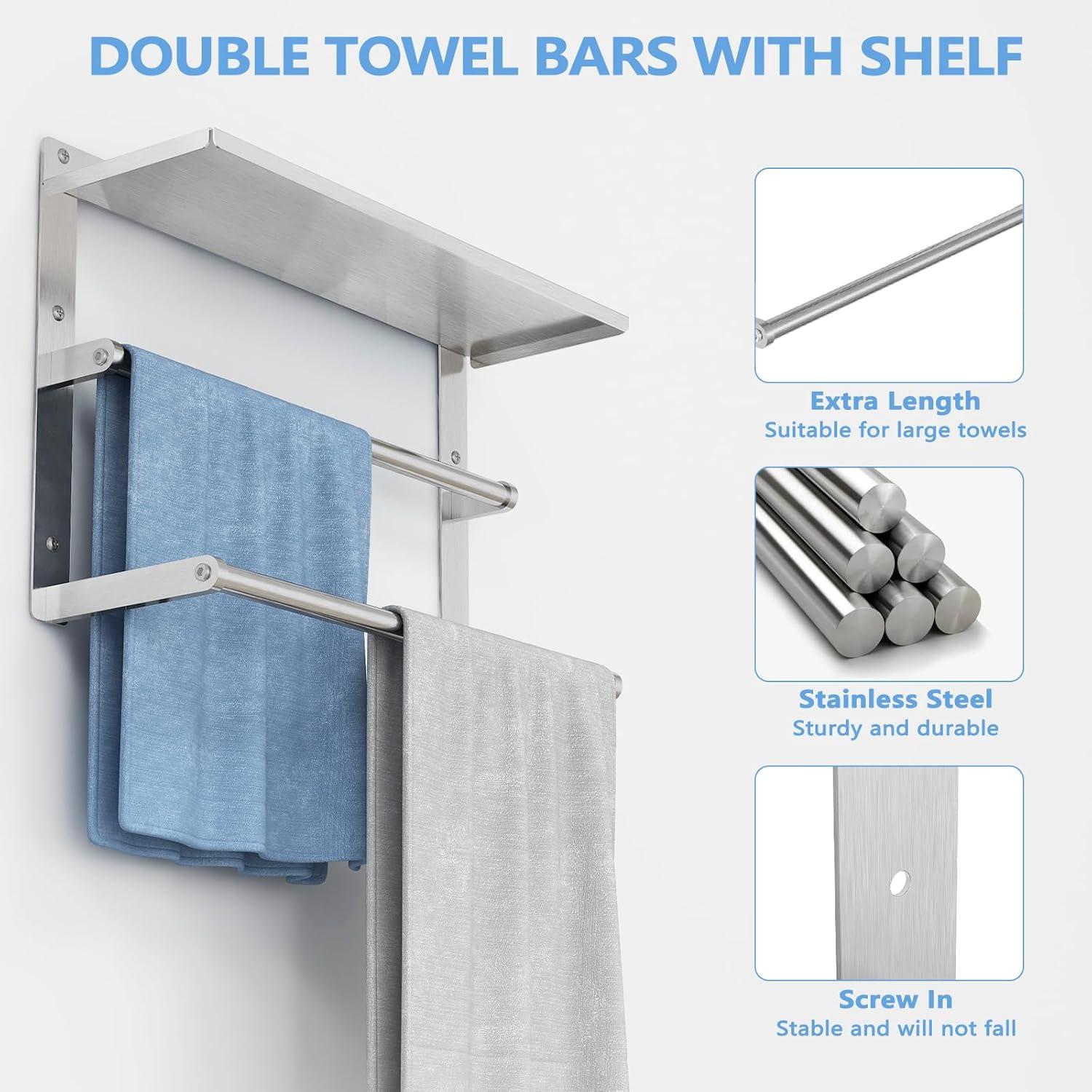 Towel Racks for Bathroom 3-Tier, 16.5" Hotel Towel Shelf with Double Towel Bar, Brushed Nickel Towel Rack Wall Mounted Stainless Steel Bathroom Towel Shelves Towel Holder for Bathroom Lavatory