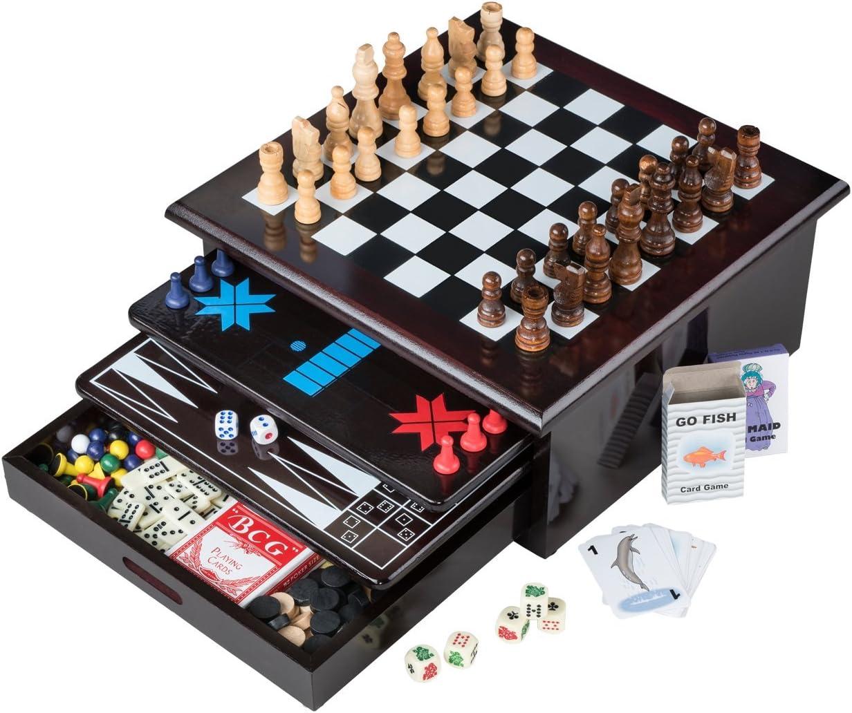 Board Game Set - Deluxe 15 in 1 Tabletop Wood-accented Game Center with Storage Drawer (Checkers, Chess, Chinese Checkers, Parcheesi, TicTacToe, SOlitaire, Snakes and Ladders, Mancala, Backgammon, Po