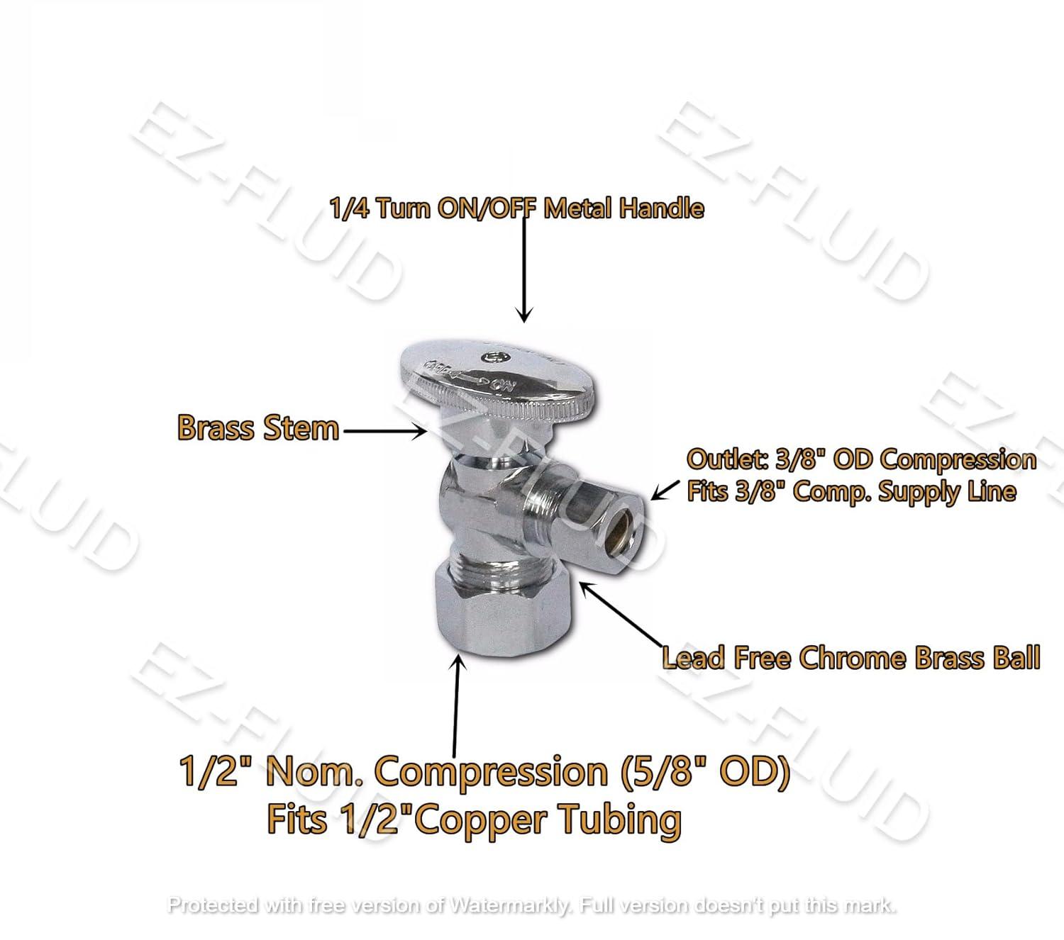 (10Pcs) EZ-Fluid 5/8" OD Comp x 3/8" OD Comp Angle Stop Valve Water Shut Off Ball Valve 1/4 Quarter Turn Heavy Duty Chrome Brass