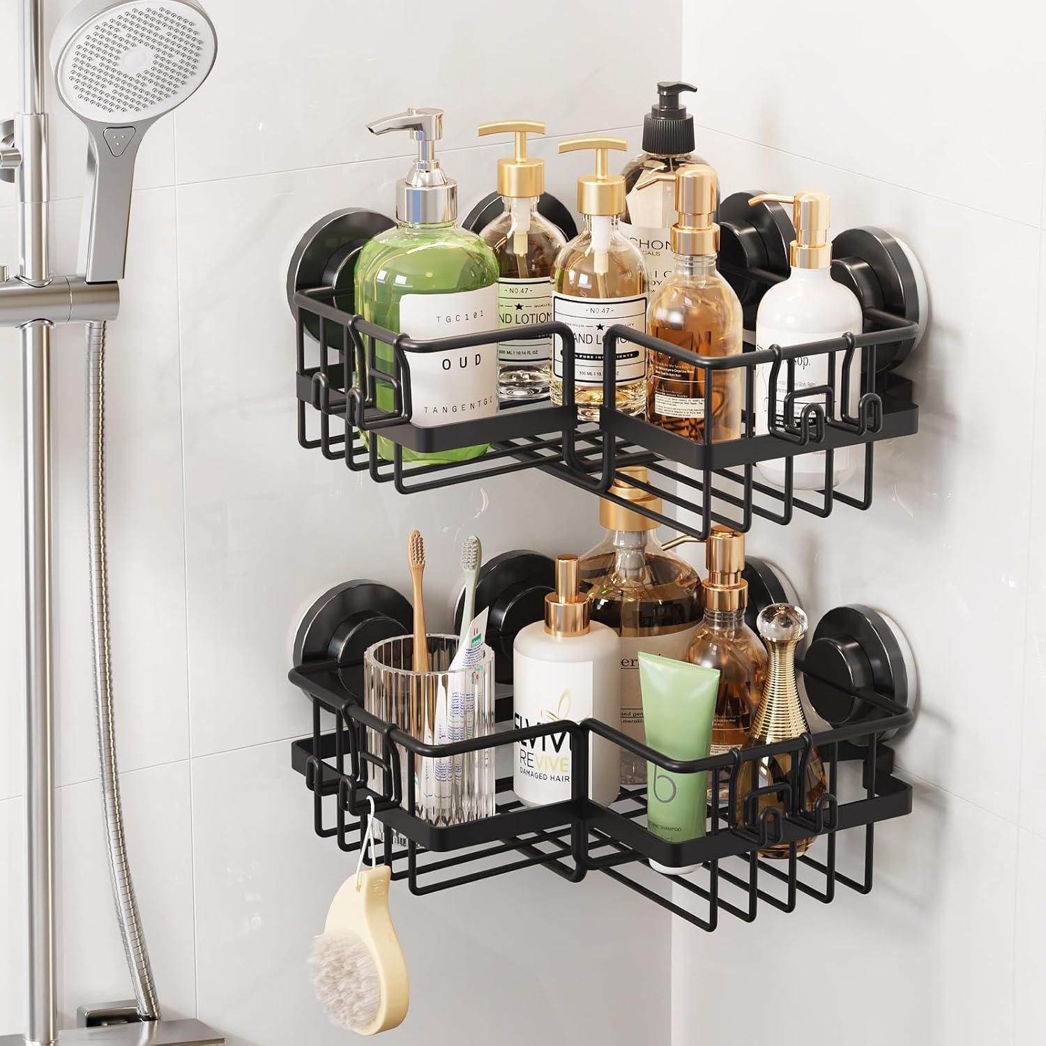 Black Metal Suction Mount Shower Caddy with Hooks