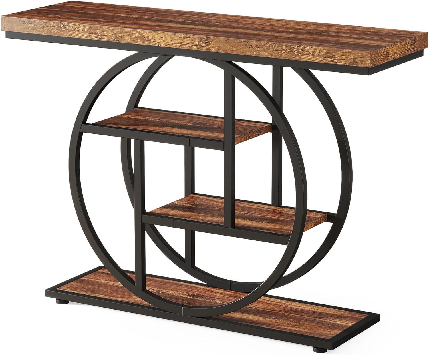 Rustic Brown Industrial 4-Tier Console Table with Circle Base