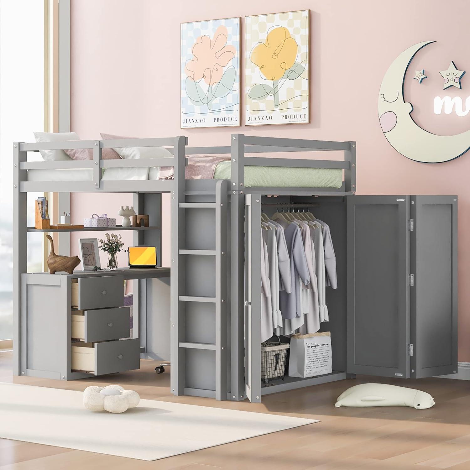 Loft Bed Full Size Adult, Wooden Frame with Desk and Wardrobe, Storage Design with Drawers & Shelf, for Teen Girls & Boys (Gray)