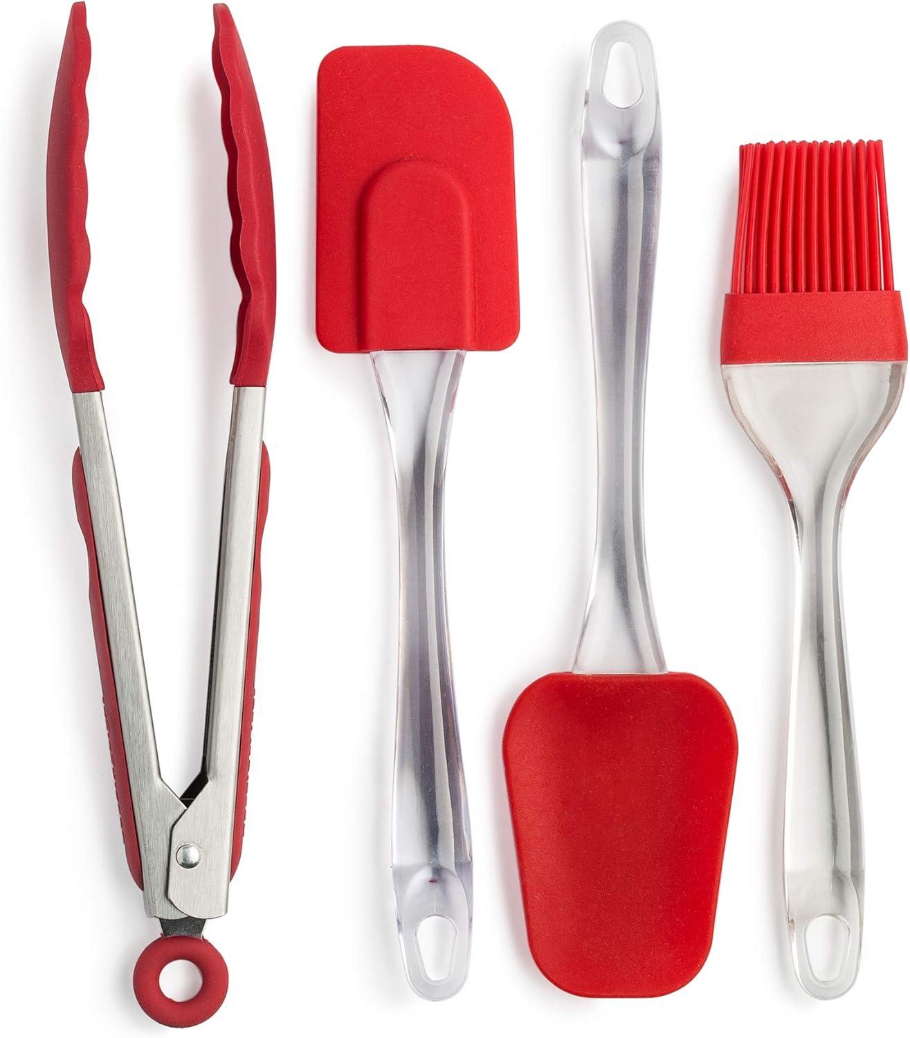 Red Silicone 4-Piece Cooking Utensil Set with Clear Handles