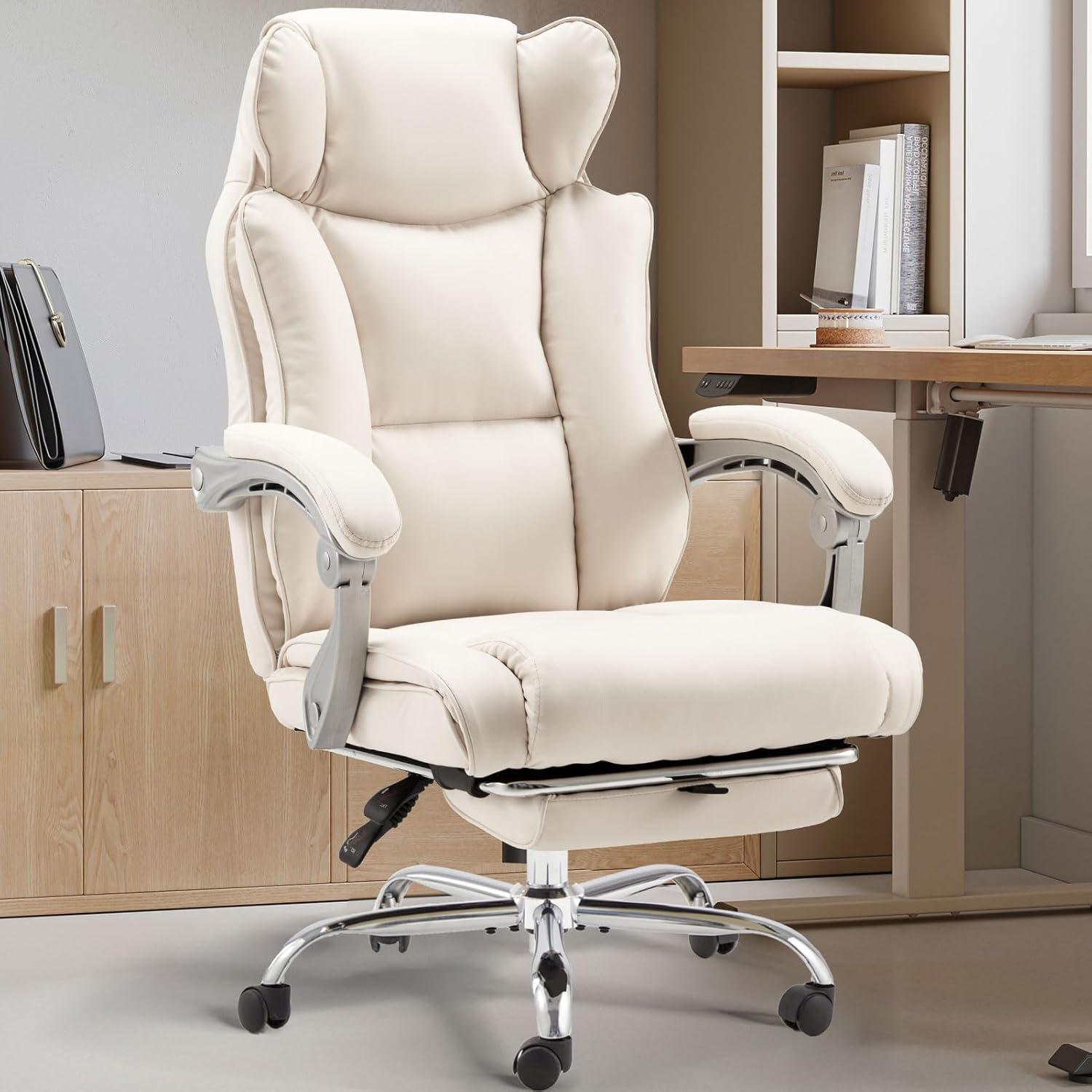 ZZWHOM Office Chair with Footrest & Arm Ergonomic High Back Leather Office Chair with Lumbar Support (White)