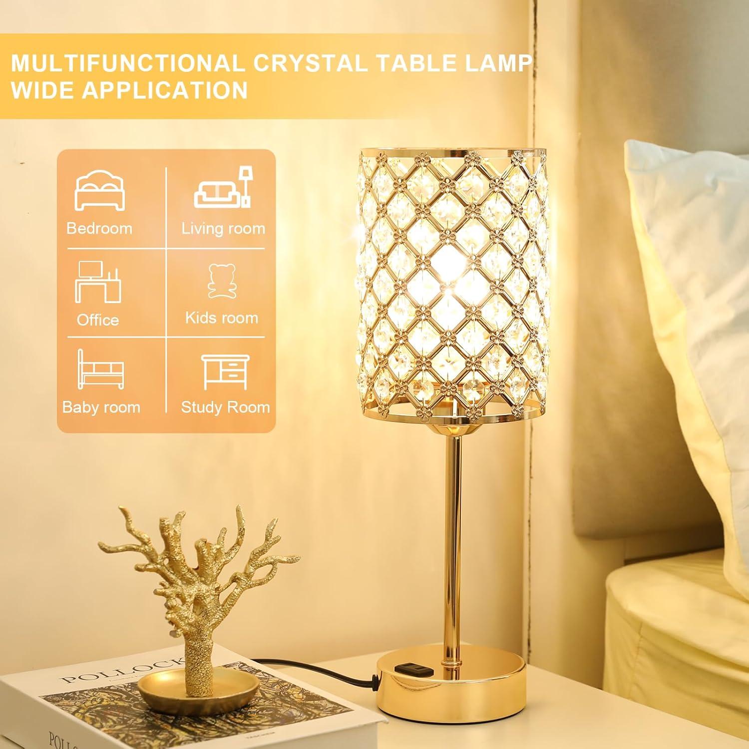 Crystal Touch Control Table Lamp - Dimmable Bedside Lamp with USB-C+A and AC Charging Ports, 3-Way USB Gold Lamp, Desk Light for Bedroom, Living Room, Home Office (Bulb Included, Set of 2)