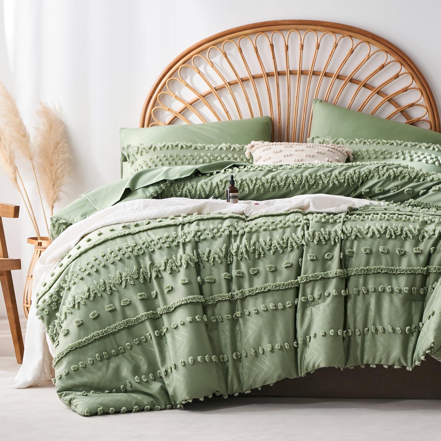 Sage Green Microfiber King Boho Comforter Set with Pom-Pom Accents