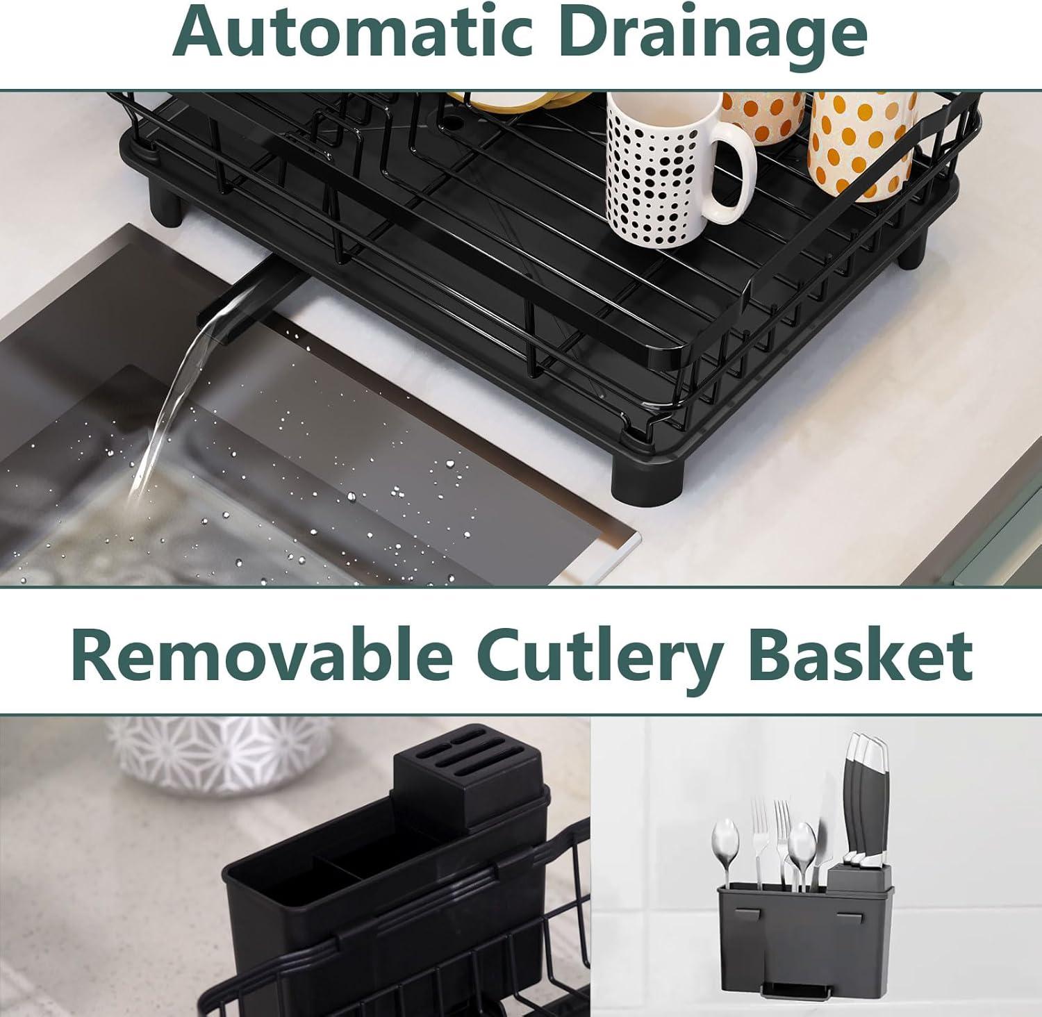 THE GLAMOUR BOUTIQUES Iron Dish Drying Rack With Drainboard Dish Drainers For Kitchen Counter Extendable Spout Strainers With Utensil Holder And Knife Slots, Grey