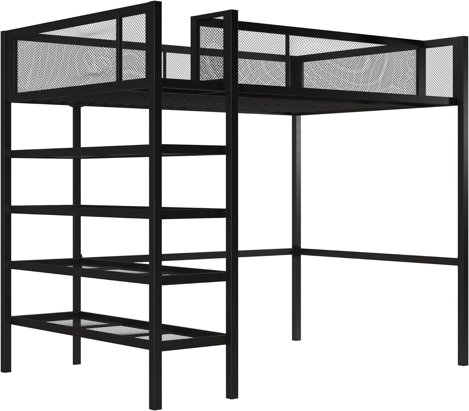 Twin Black Metal Loft Bed with Bookcase and Slats