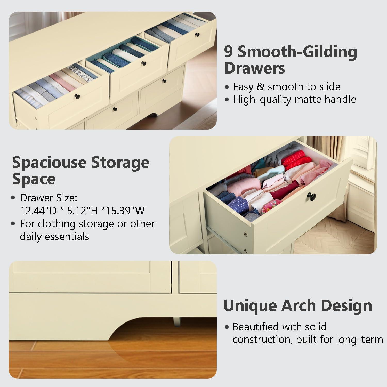 Beige Double 9-Drawer MDF Wood Dresser