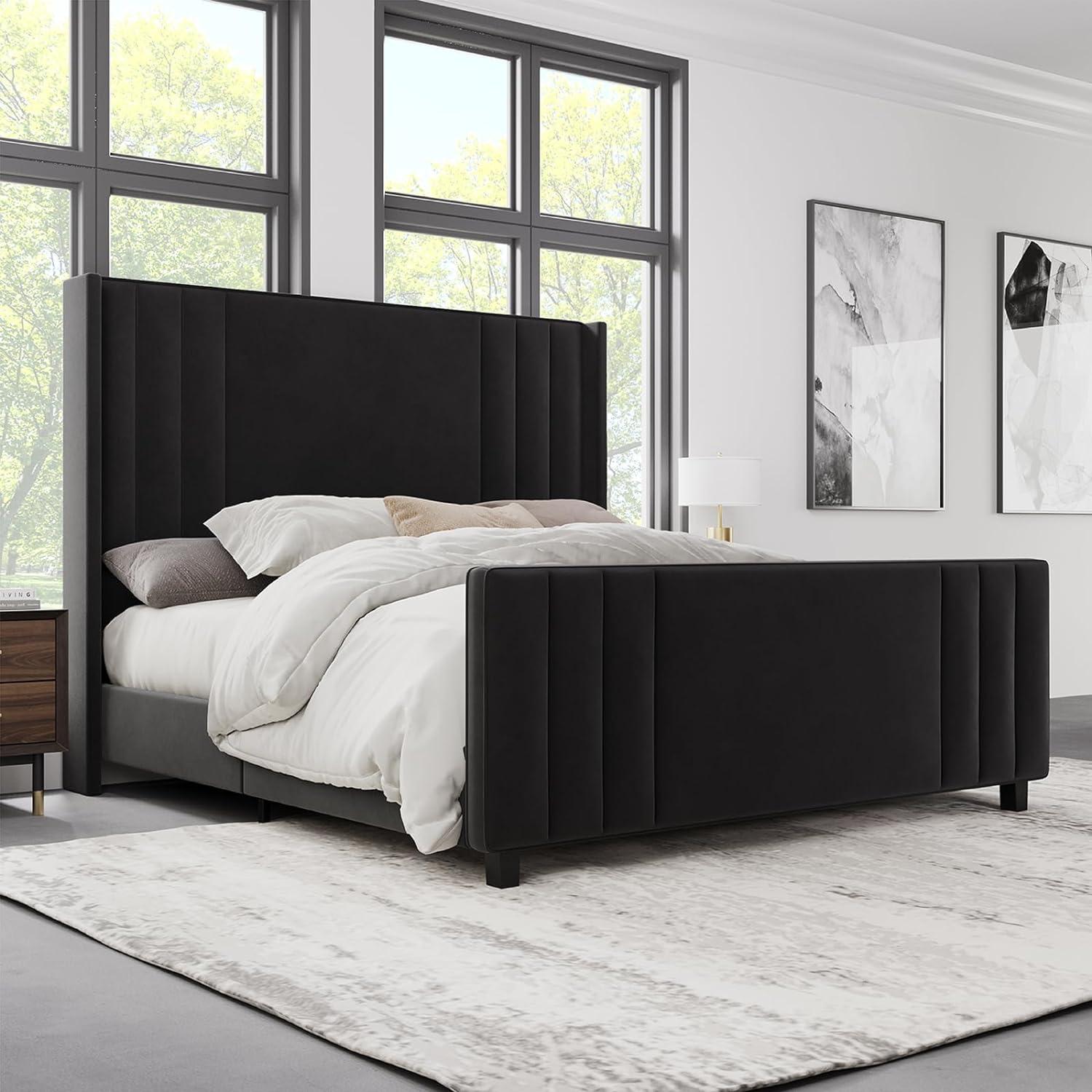 Queen Black Velvet Upholstered Platform Bed with Tufted Headboard