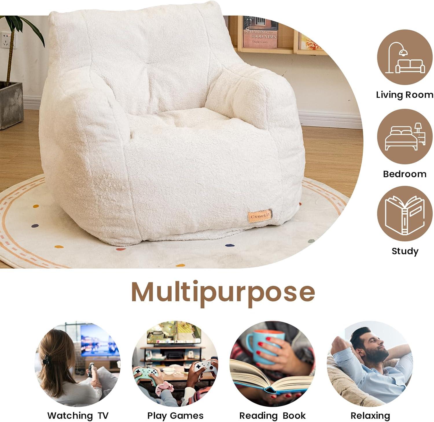 White Faux Fur Tufted Bean Bag Chair with Memory Foam