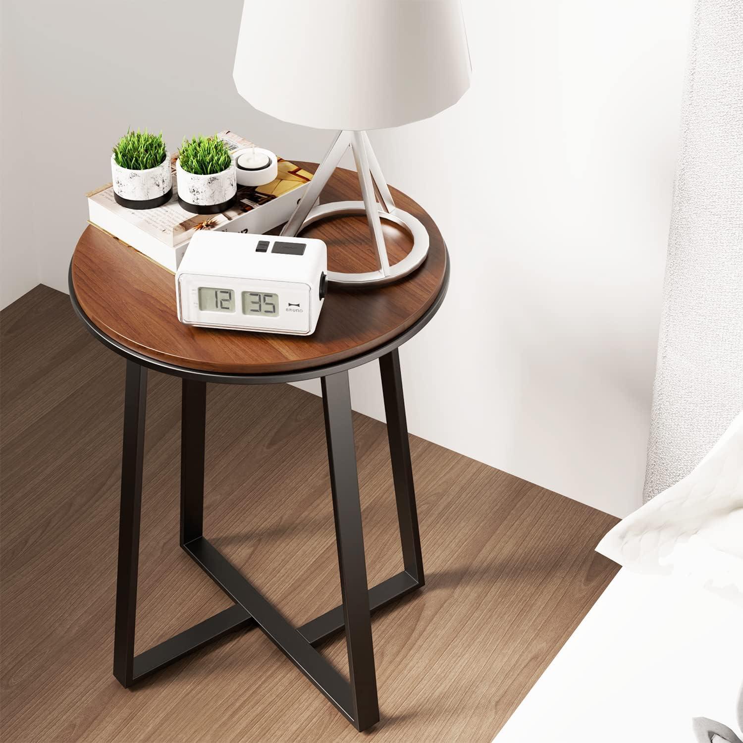 Round Small End Table Walnut Color MDF Top,Metal Frame Black, Tall End Table for Bed Room,Coffee Tea End Table for Living Room(Walnut+Black)