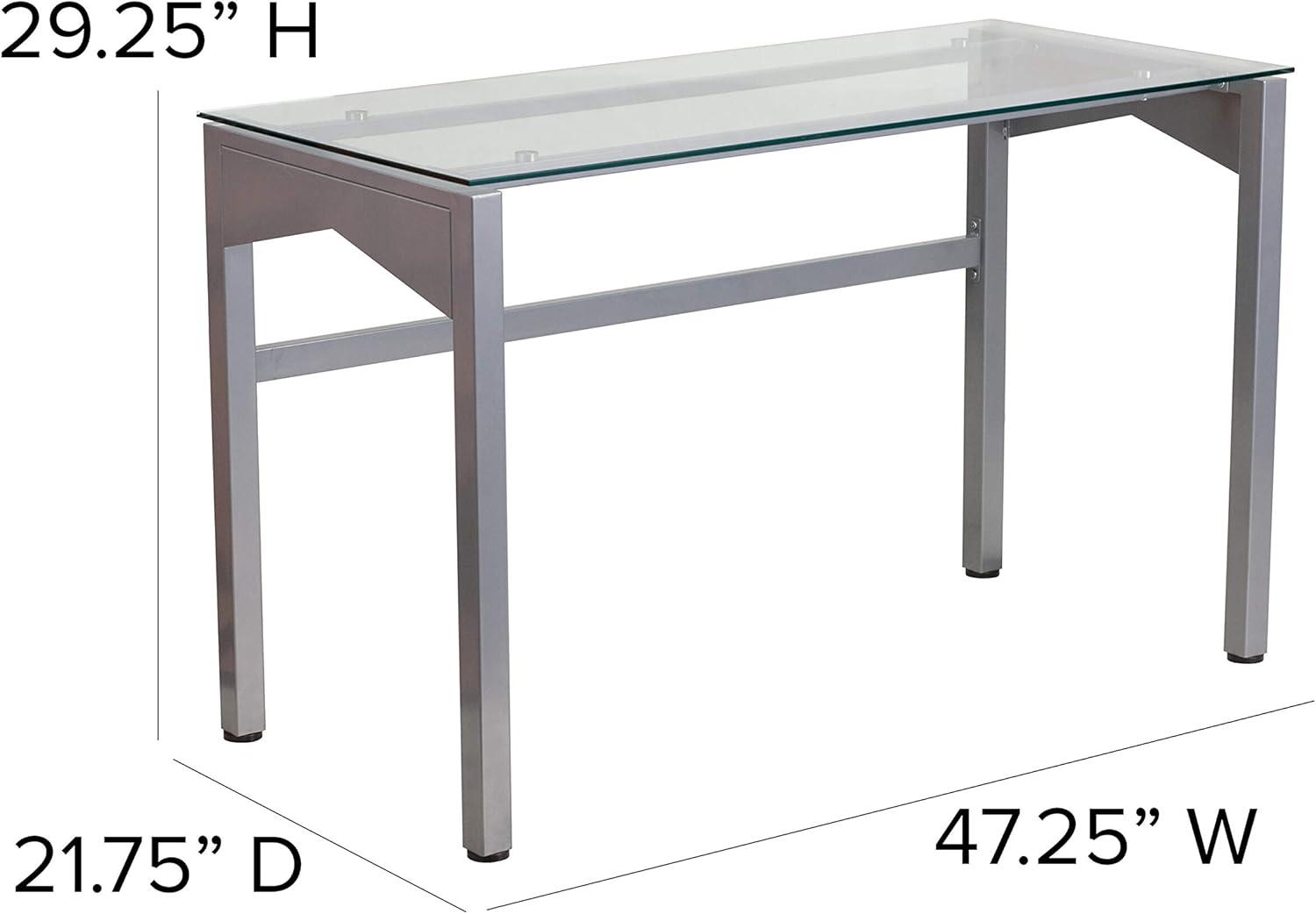 Sleek Gray Tempered Glass Desk with Geometric Drawer