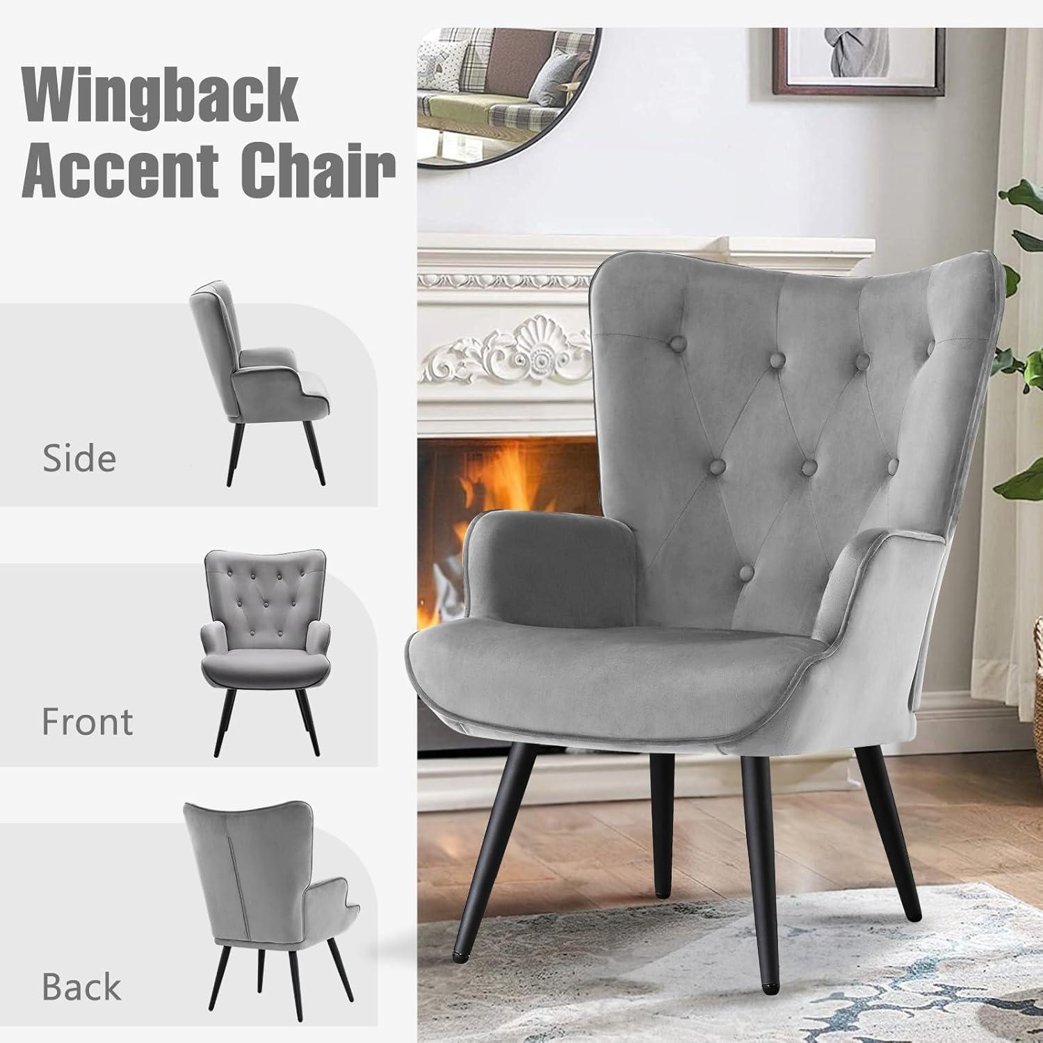 Furniliving Button-Tufted Wingback Chair Velvet Accent Chair,Grey