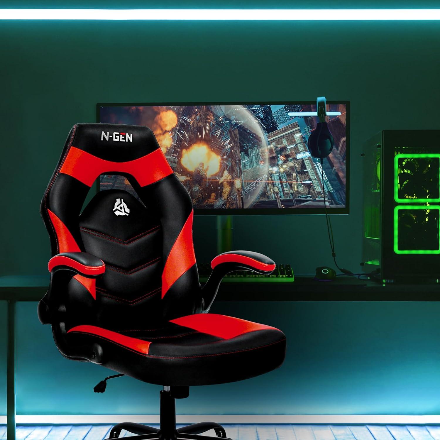 N-GEN Adjustable Ergonomic Faux Leather Swiveling PC & Racing Game Office Desk Chair with Flip-Up Arms