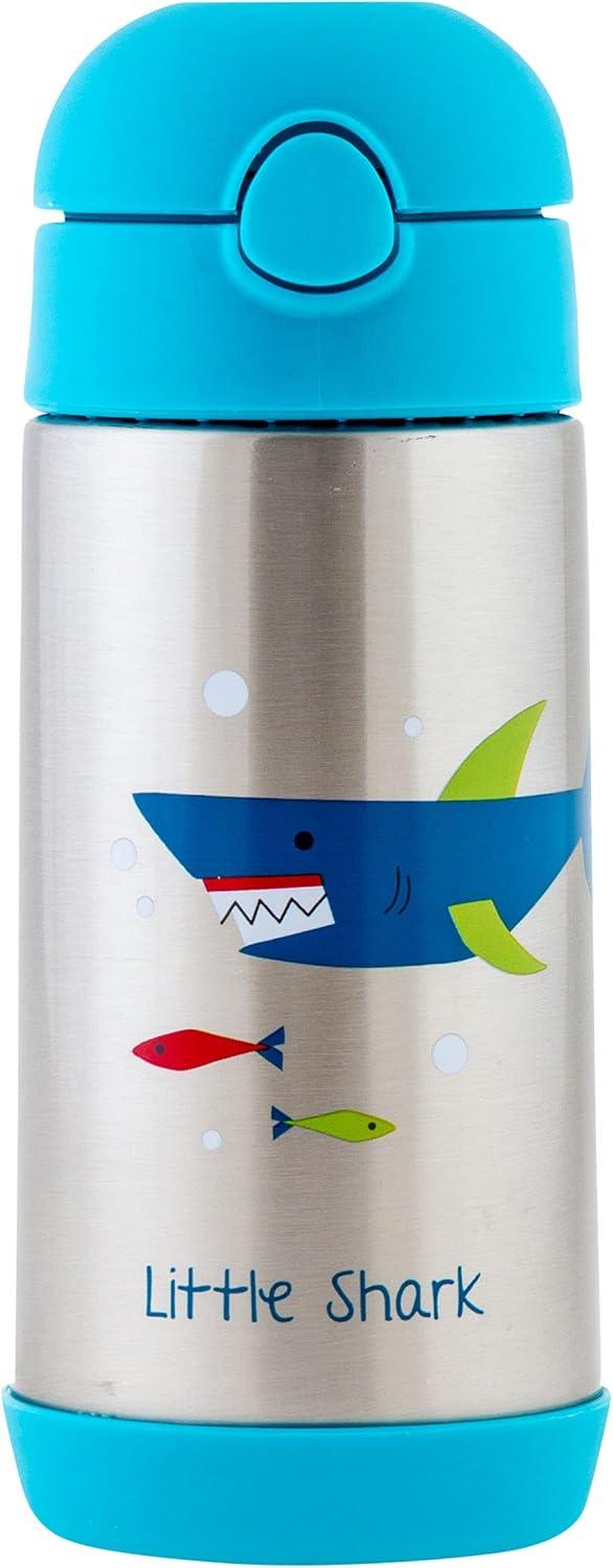 Stephen Joseph Double Wall Stainless Steel Bottles, Insulated Water Bottle for Kids Toddlers, Vacuum Insulated Bottle with Straw, BPA-Free Water Bottle – 11.8 Ounces, SHARK