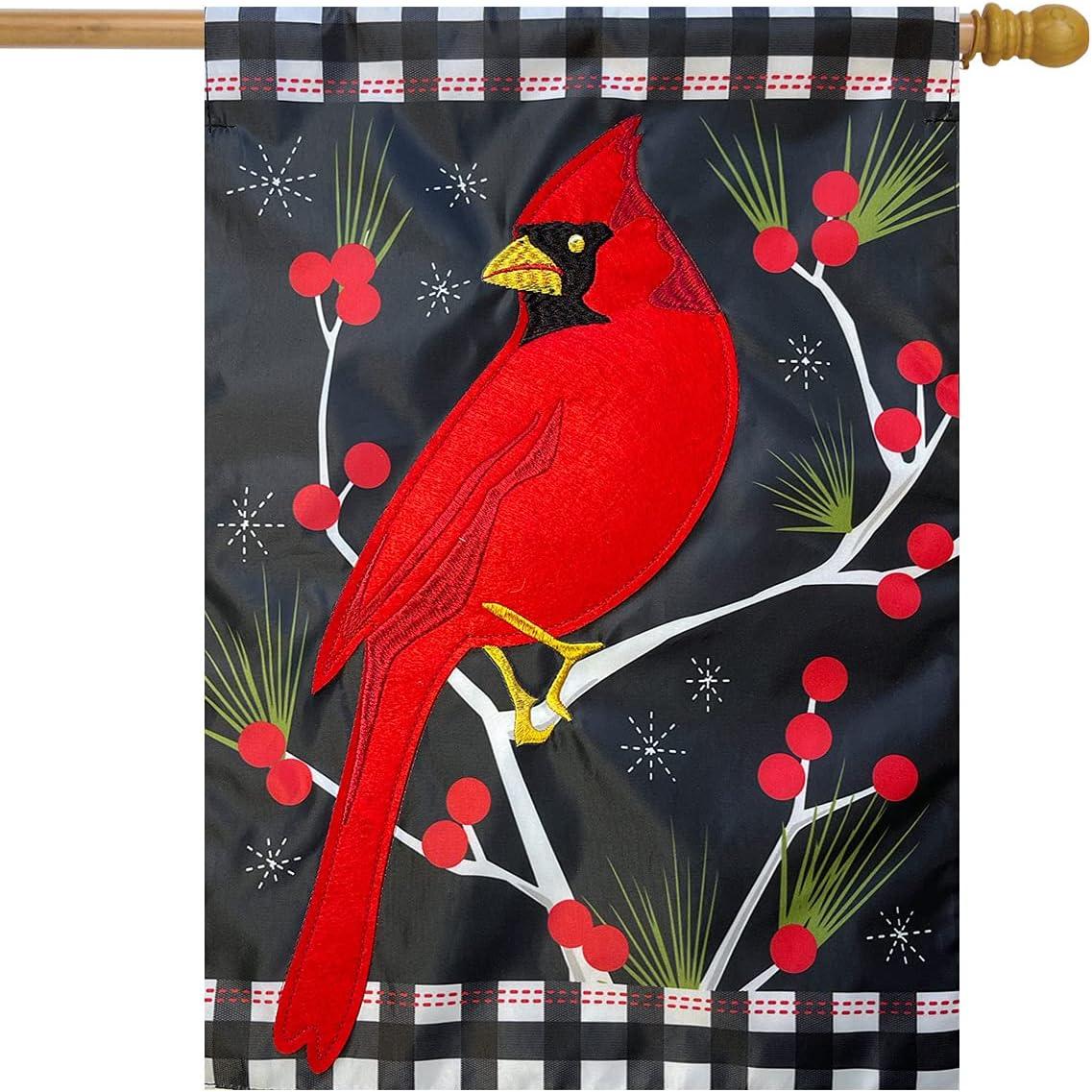 Winter Cardinal Applique House Flag with Berries