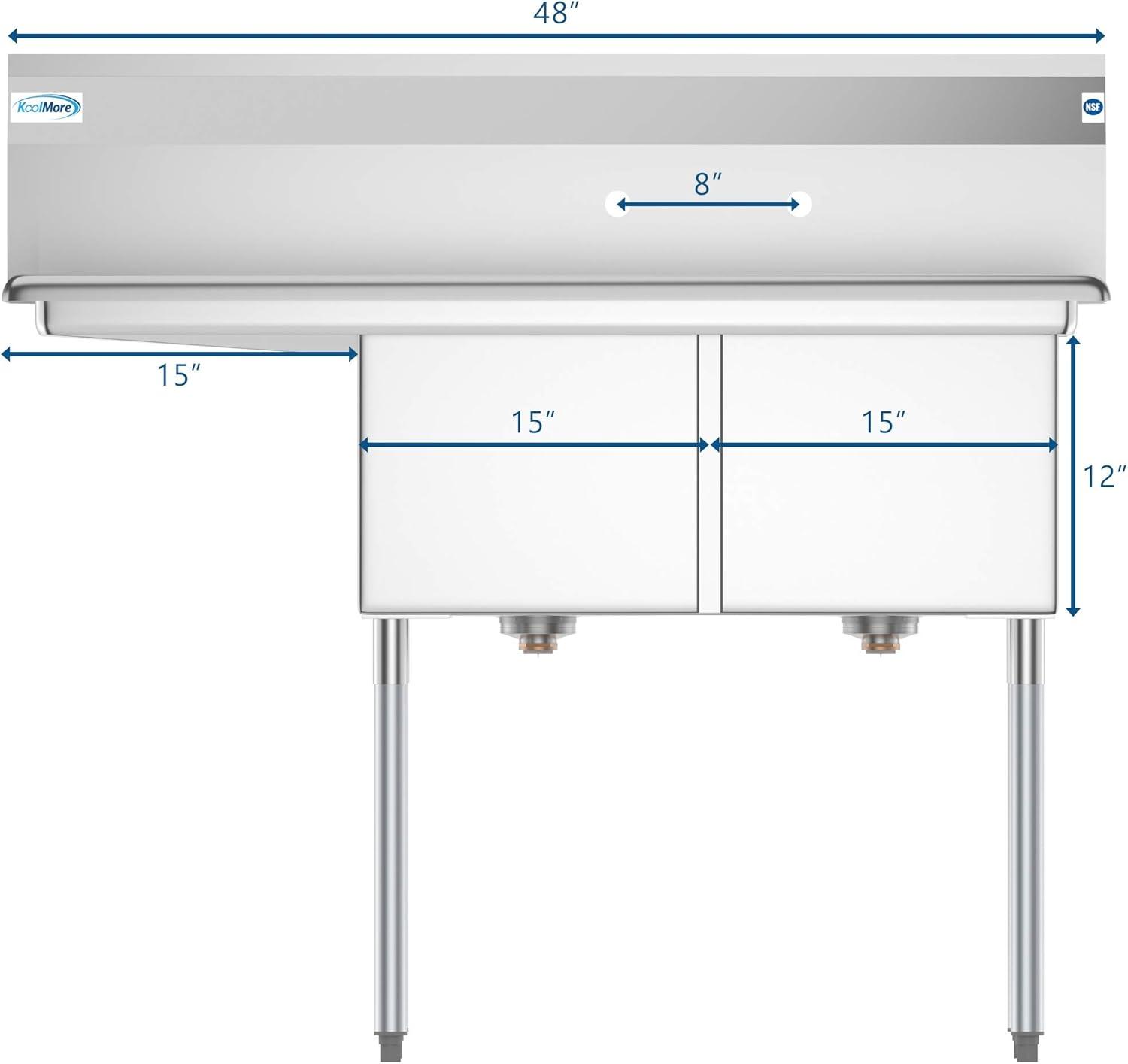 KoolMore 2 Compartment Stainless Steel NSF Commercial Kitchen Prep & Utility Sink with 2 Drainboards - Bowl Size 15" x 15" x 12", Silver, Left Drainboard