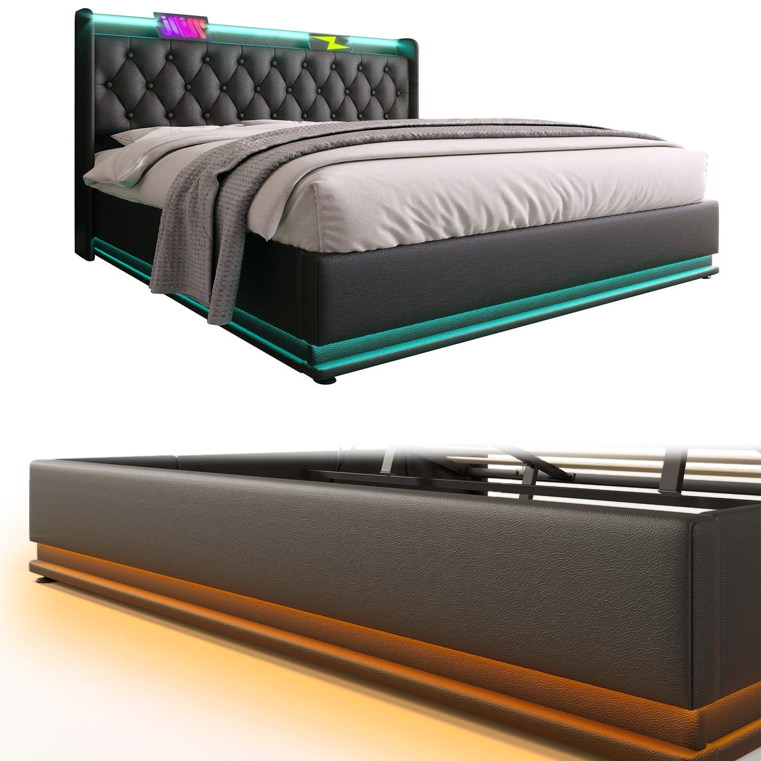 King Size Lift up Storage Platform Bed with 360 Degree Surround LED Light, Bedroom Upholstered Hydraulic Smart Bed Frame, No Noise, No Spring Mattress Required, Easy to Assemble (Black, King)
