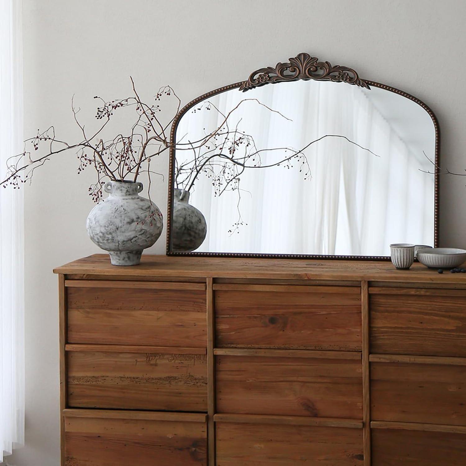 Micasso Bronze Vintage Arched Mirror: 29x36 in French Baroque Antique Wall Mounted Mirror - Traditional Ornate Decorative Mirror for Mantle/Fireplace/Living Room/Bedroom/Entryway/Hallway/Wall Decor