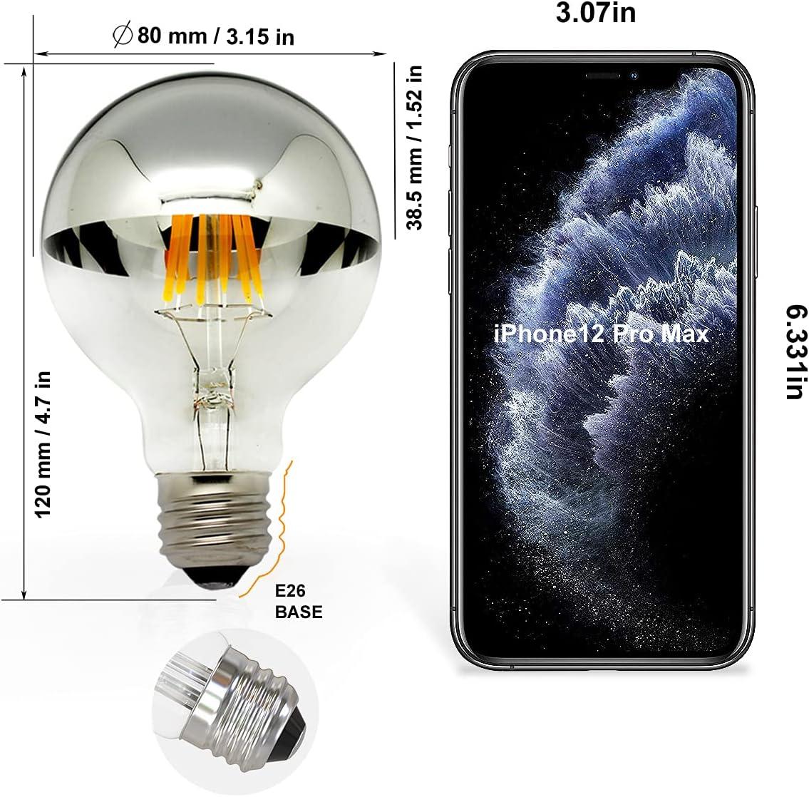 Half Chrome Light Bulb,LED Edison Bulbs 6W(60W Equ),Dimmable G80/G25 Globe Shape,Decorative Half Silver Reflected Bulb,2700K Soft White E26 for Wall Sconce,Vanity,Pack of 4