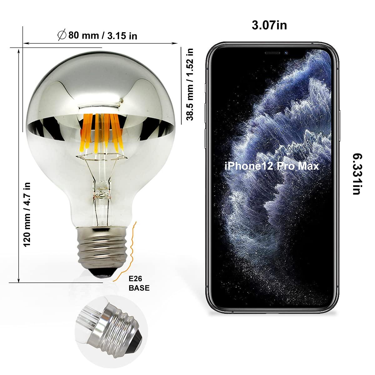 Half Chrome Light Bulb,LED Edison Bulbs 6W(60W Equ),Dimmable G80/G25 Globe Shape,Decorative Half Silver Reflected Bulb,2700K Soft White E26 for Wall Sconce,Vanity,Pack of 4