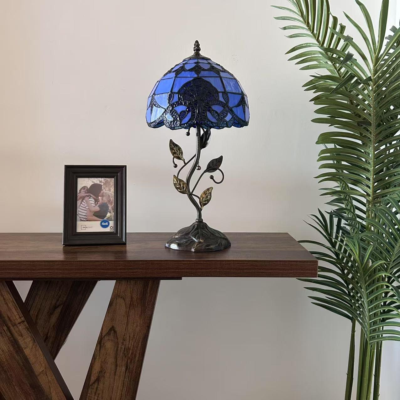 Tiffany Table Lamp Blue Stained Glass Baroque Style Lavender Iron Metal Leaves Bronze Base Included LED Bulb for Living Room Bedroom Bedside 10"W*10"D*20"H