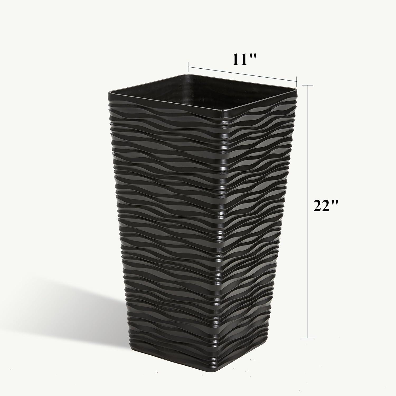 WORTH 22 inch Planters for Indoor Plants,Black Planters Outdoor Set of 2, Plastic Square Pots for Plants, Matte Wavy Modern Planter Large Plant Pot Tree Pot