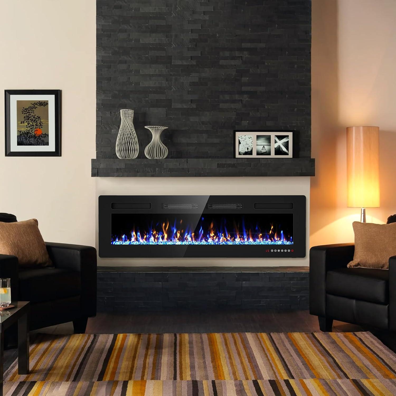 Ultra-Thin Black Glass Wall Mounted Electric Fireplace 50 Inch