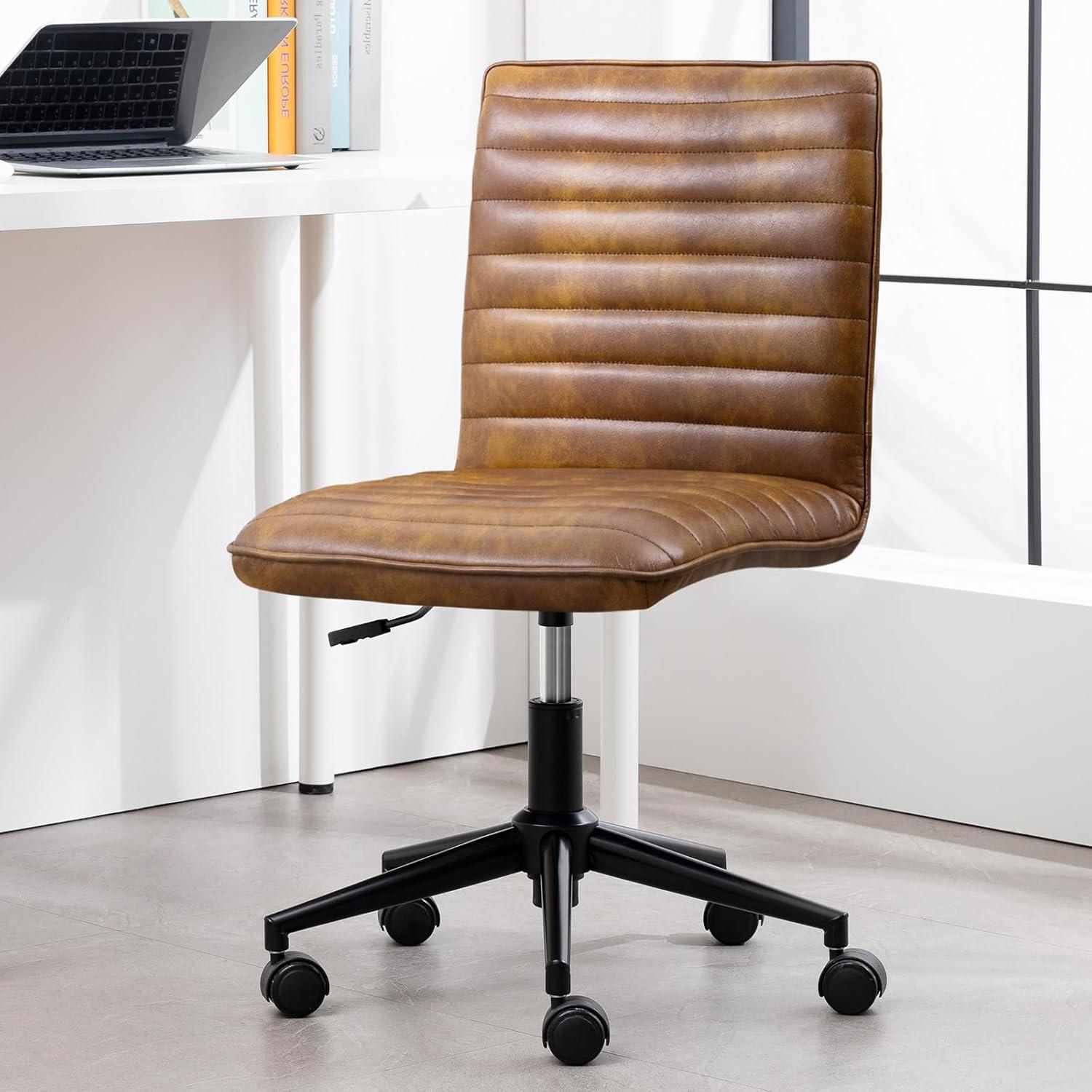 Dustyellow Leather Armless Swivel Task Chair with Black Base