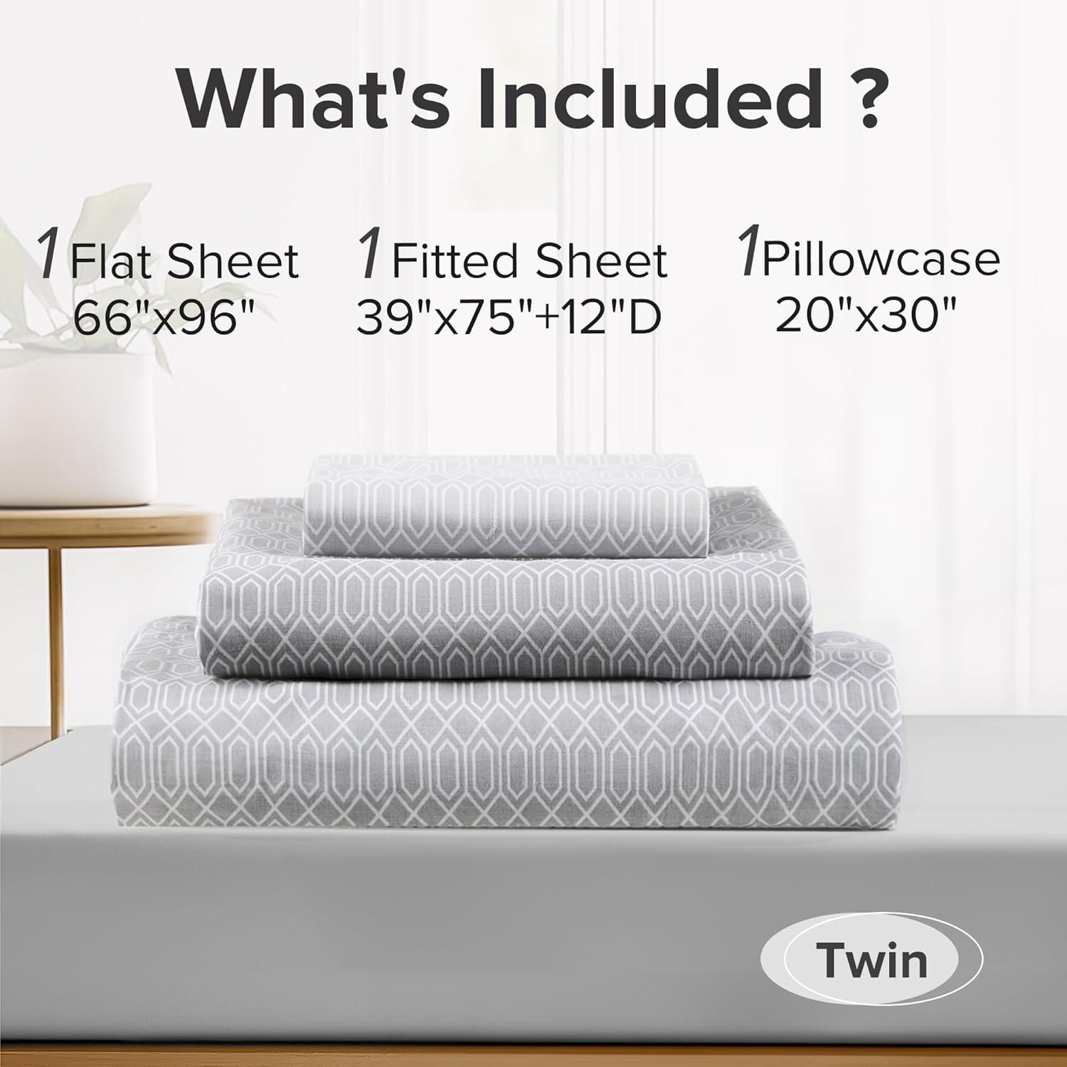 Comfort Spaces 100% Cotton Sheet Set Breathable, Lightweight, Soft with 12" Elastic Pocket Fits up to 14" Mattress, All Season Cozy Bedding, Matching Pillow Case, Twin Diamond Taupe 3 Piece