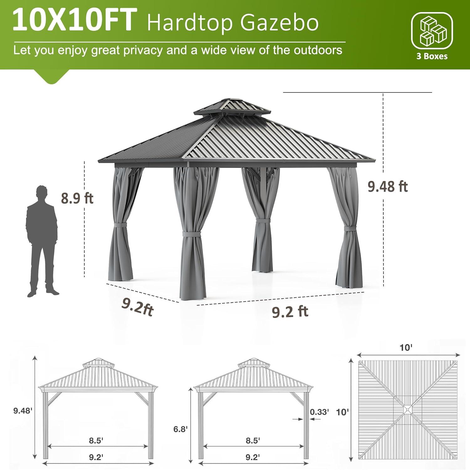 10x10 Gray Aluminum and Steel Hardtop Gazebo with Curtains