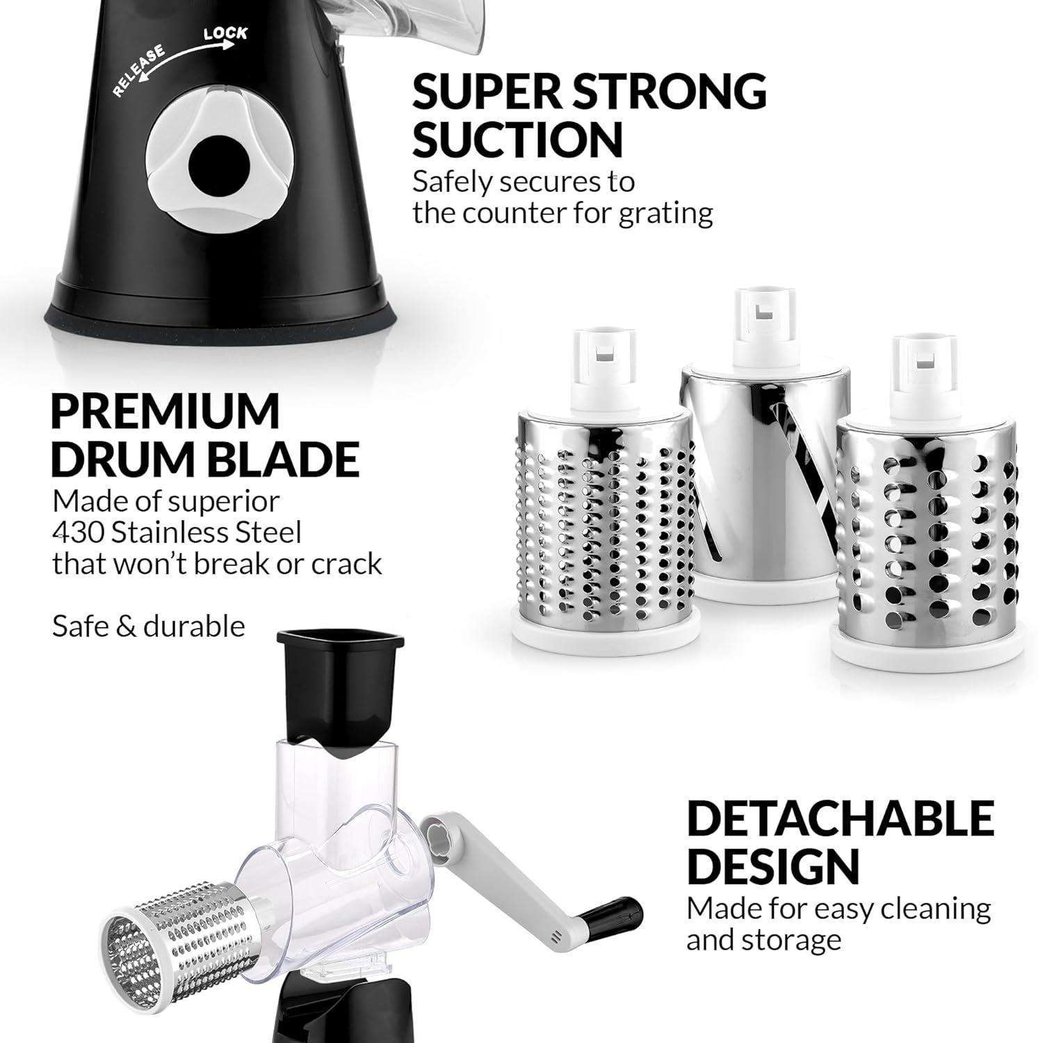 Deluxe Black Rotary Cheese Grater with 3 Stainless Steel Blades