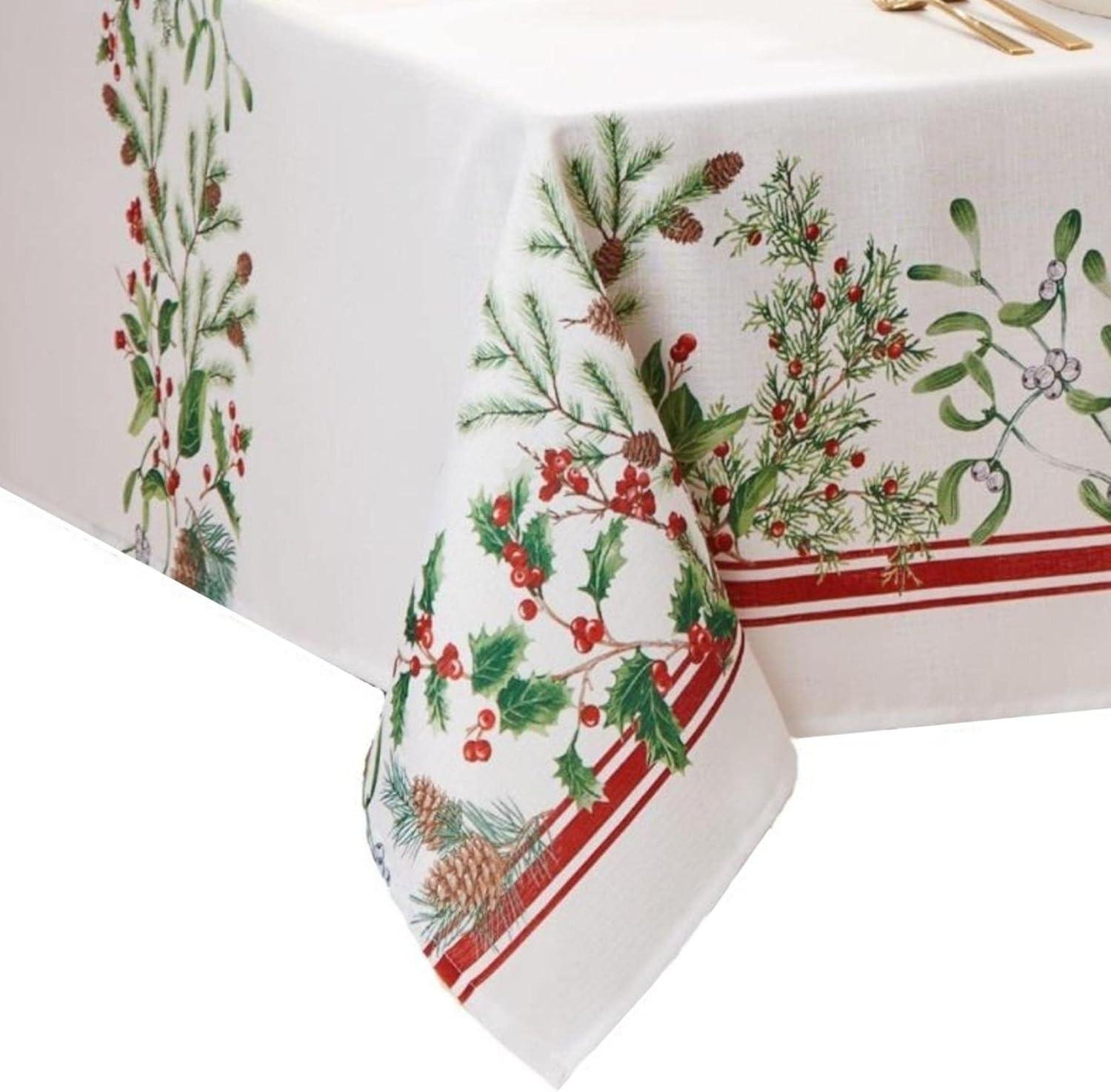 Winter Holiday Berry Bordered Polyester Tablecloth, 60" x 144"