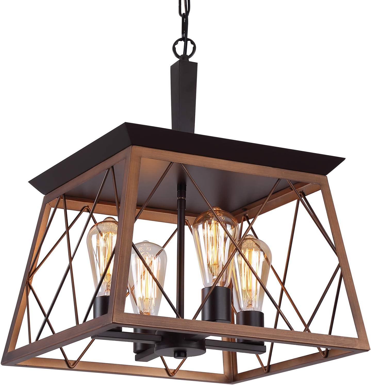 Q&S Farmhouse Rustic Chandeliers Antique Geometric Pendant Light Oil Rubbed Bronze Chandelier Orb 4-Light Industrial Hanging Light Fixtures for Dining Room Kitchen Island Entryway Foyer UL Listed